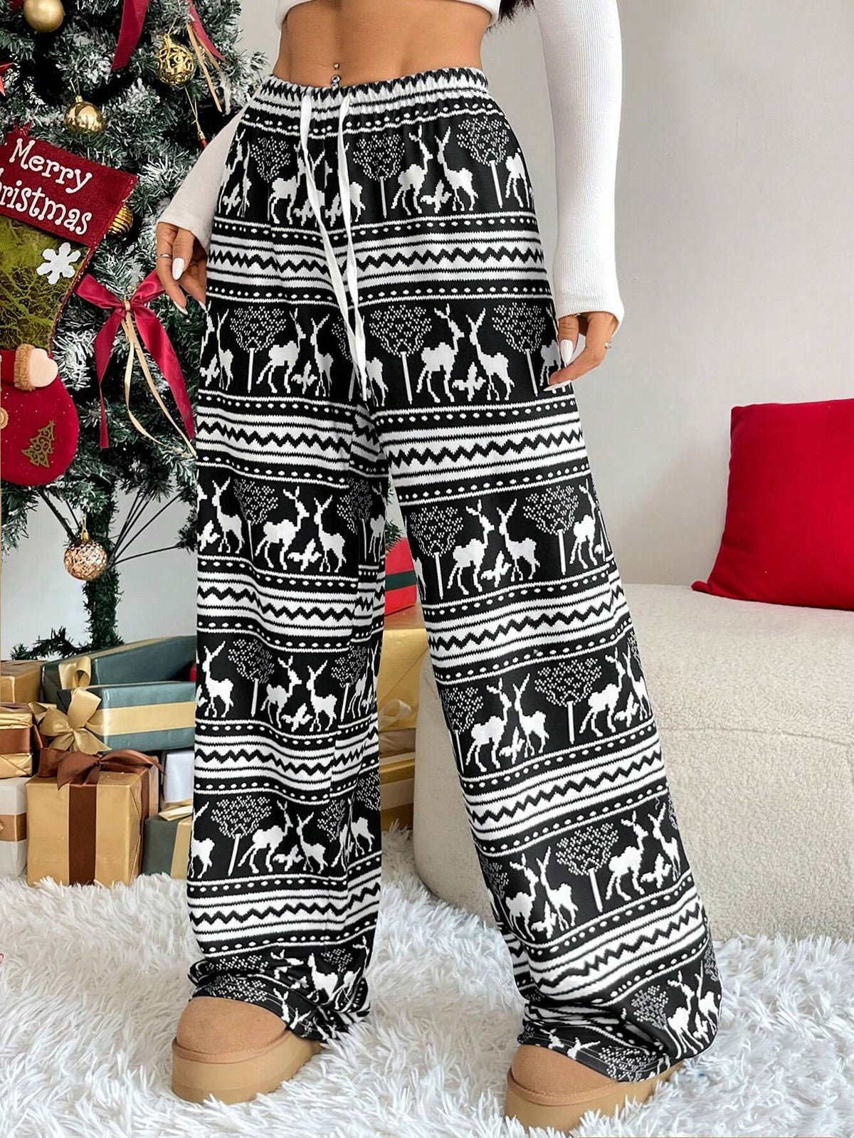 Women's Christmas Pajama Pants, Black and White Fair Isle Reindeer Print with Drawstring, Black, view 5