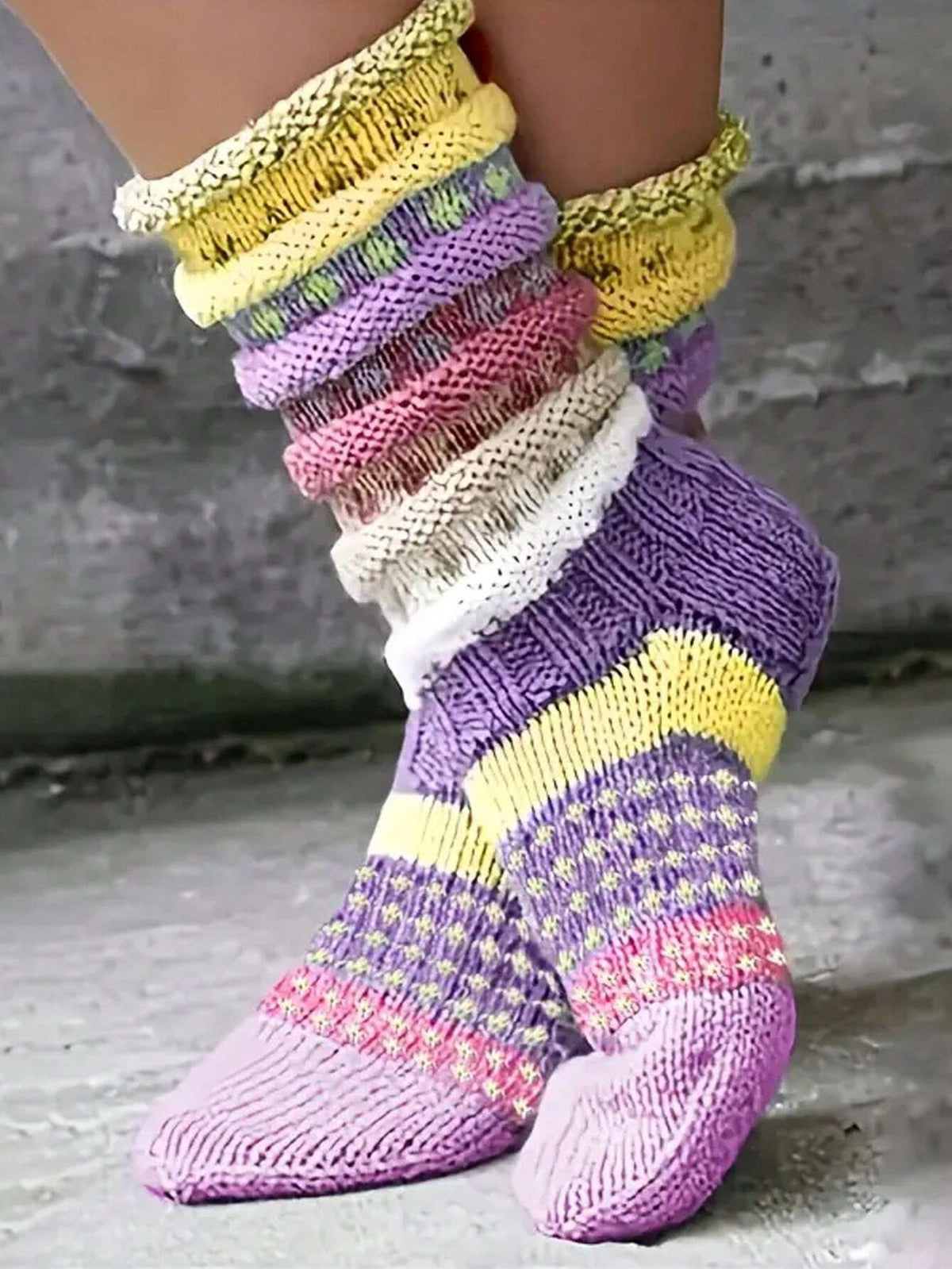 Women's Chunky Knit Slouch Socks, 2 Pairs with Colorful Stripes, Warm House Socks, Purple