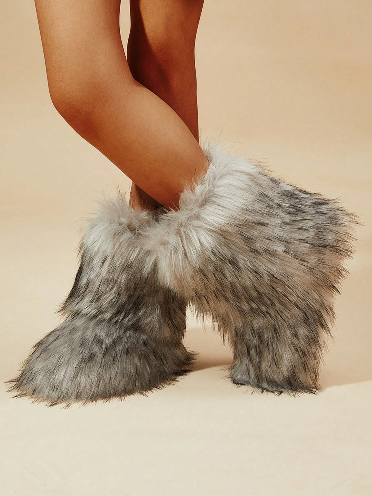 Women's Faux Fur Boots, Fluffy Mid-Calf Winter Boots with Warm Lining, Gray, view 7