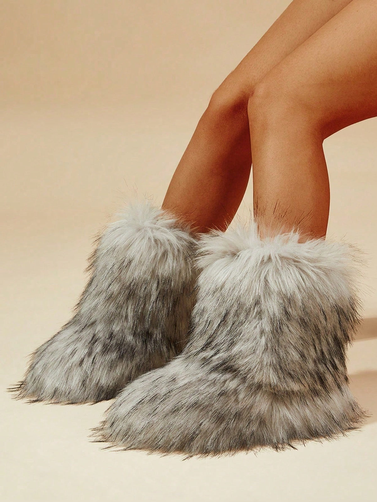 Women's Faux Fur Boots, Fluffy Mid-Calf Winter Boots with Warm Lining, Gray, view 6