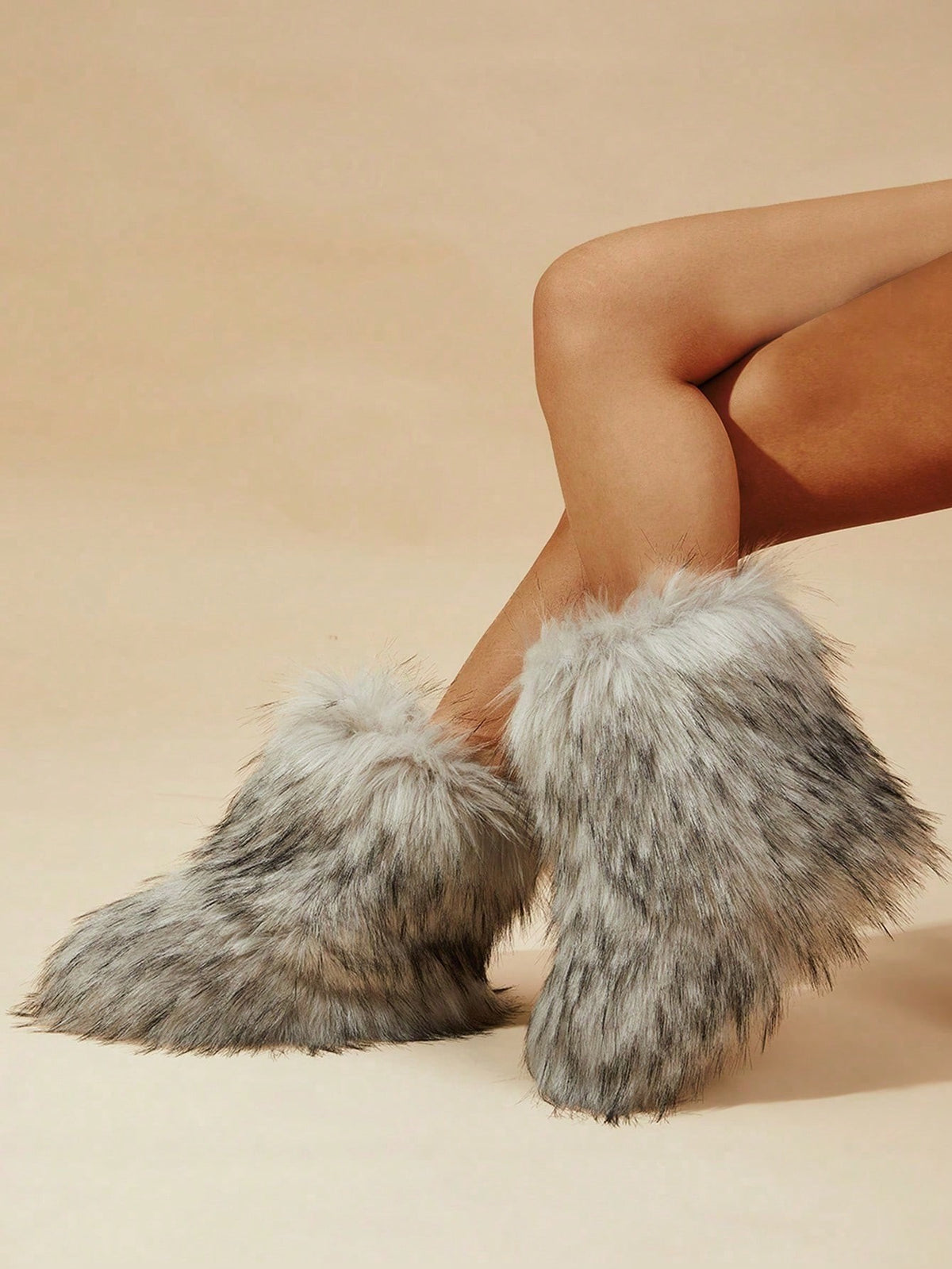 Women's Faux Fur Boots, Fluffy Mid-Calf Winter Boots with Warm Lining, Gray, view 3