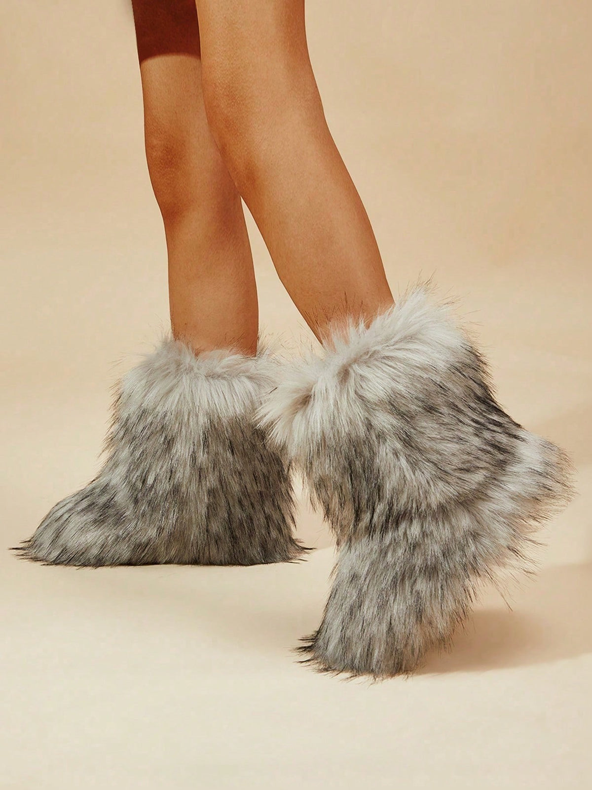 Women's Faux Fur Boots, Fluffy Mid-Calf Winter Boots with Warm Lining, Gray, view 5