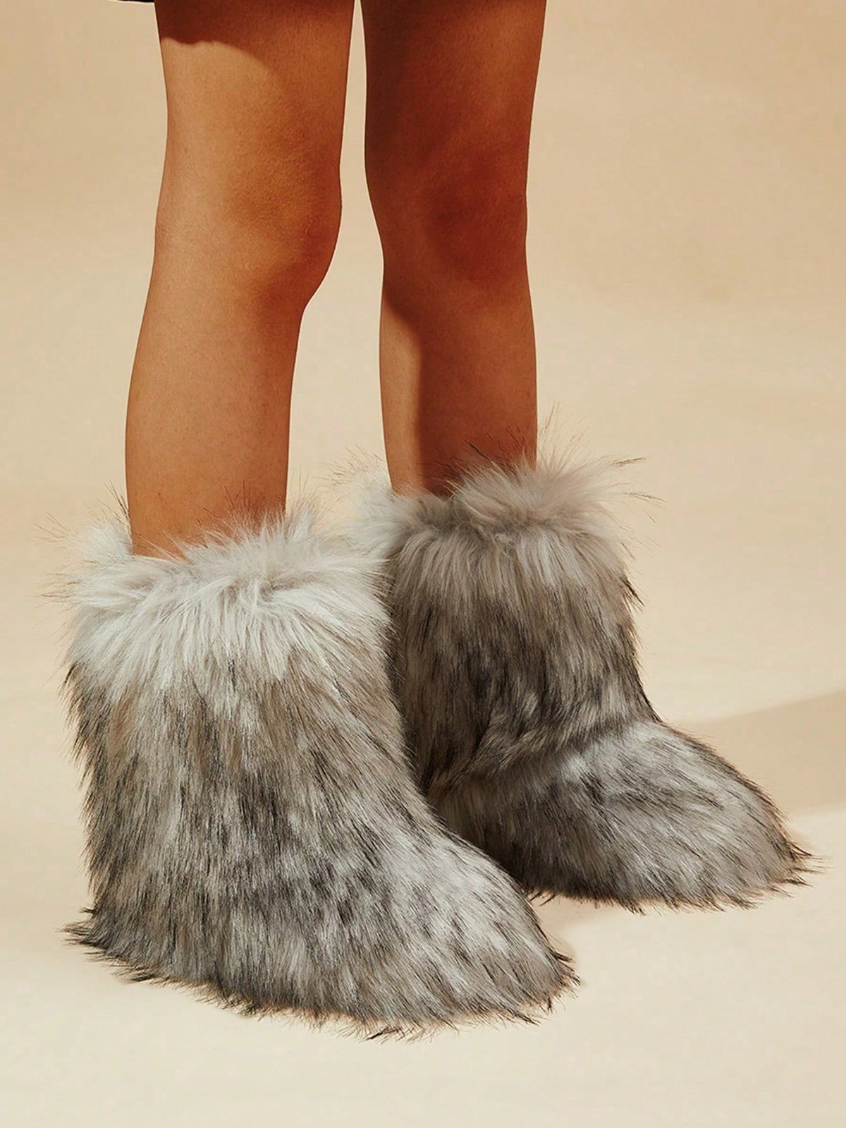 Women's Faux Fur Boots, Fluffy Mid-Calf Winter Boots with Warm Lining, Gray, view 2