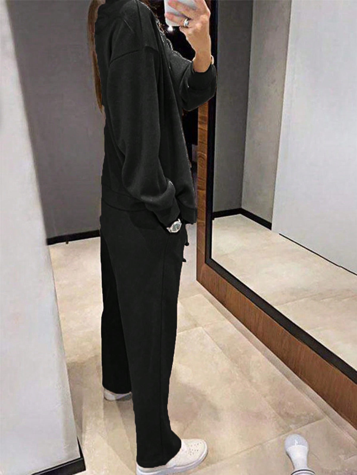 Women's Knit Lounge Set, Button Cardigan and Drawstring Pants, Two-Piece Matching Set, Black, view 2