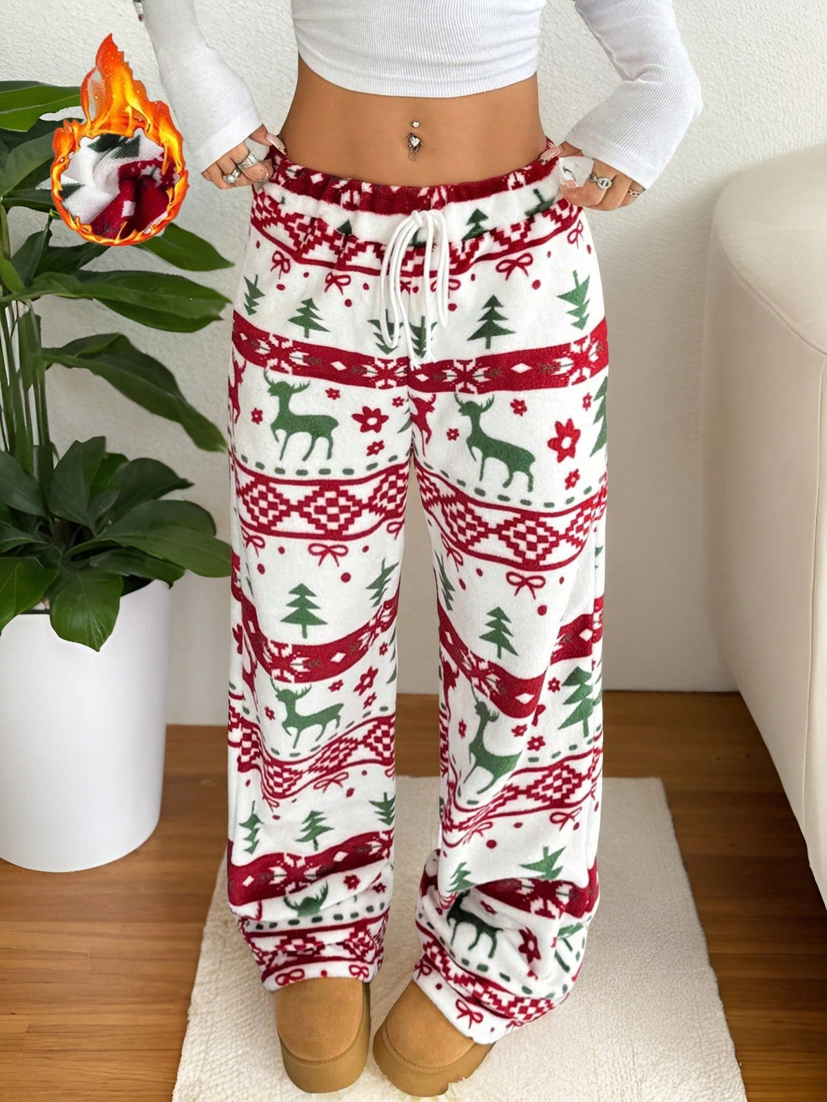 Women's Plush Pajama Pants with Star or Fair Isle Print, Wide Leg with Drawstring Waist, Red Fair Isle, view 5