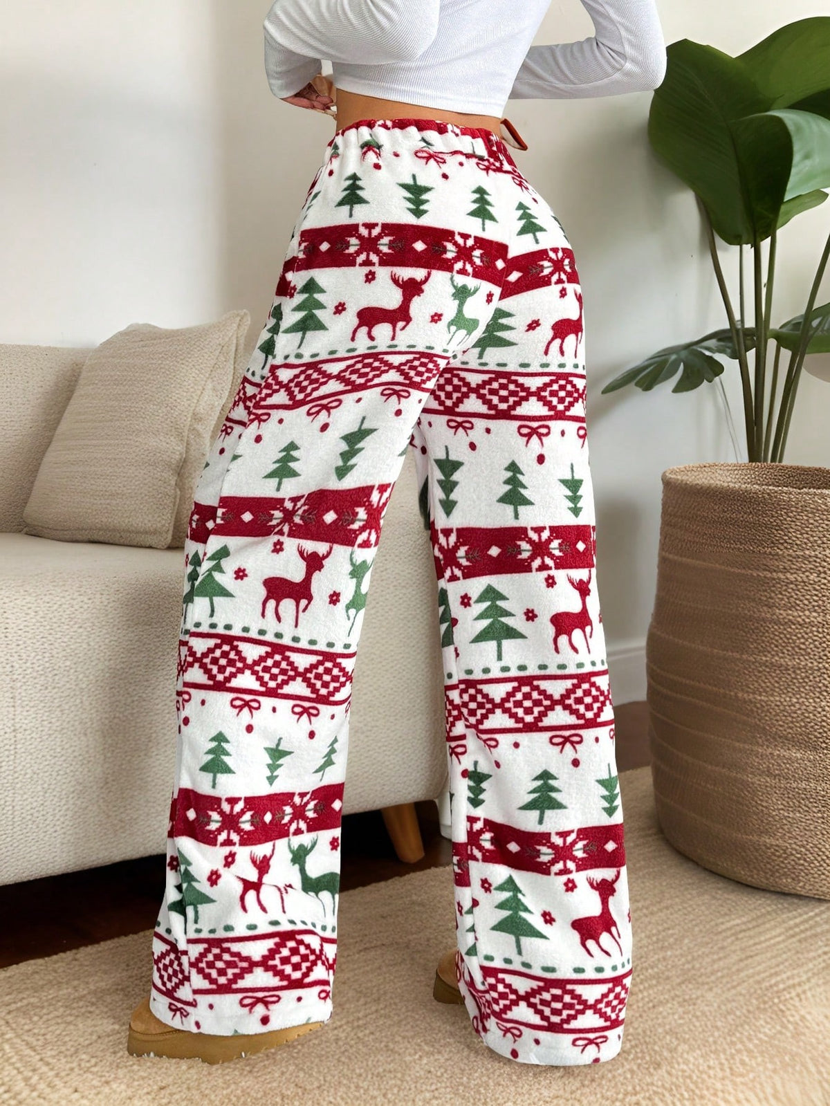 Women's Plush Pajama Pants with Star or Fair Isle Print, Wide Leg with Drawstring Waist, Red Fair Isle