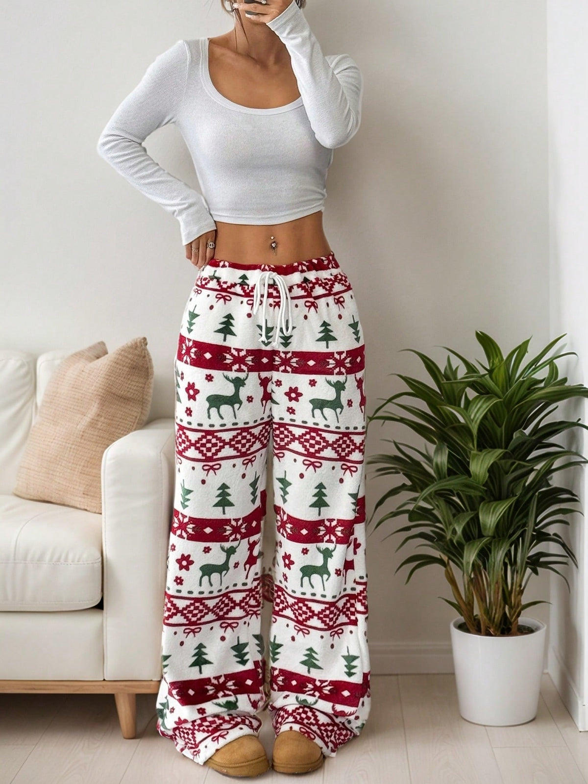 Women's Plush Pajama Pants with Star or Fair Isle Print, Wide Leg with Drawstring Waist, Red Fair Isle, view 2