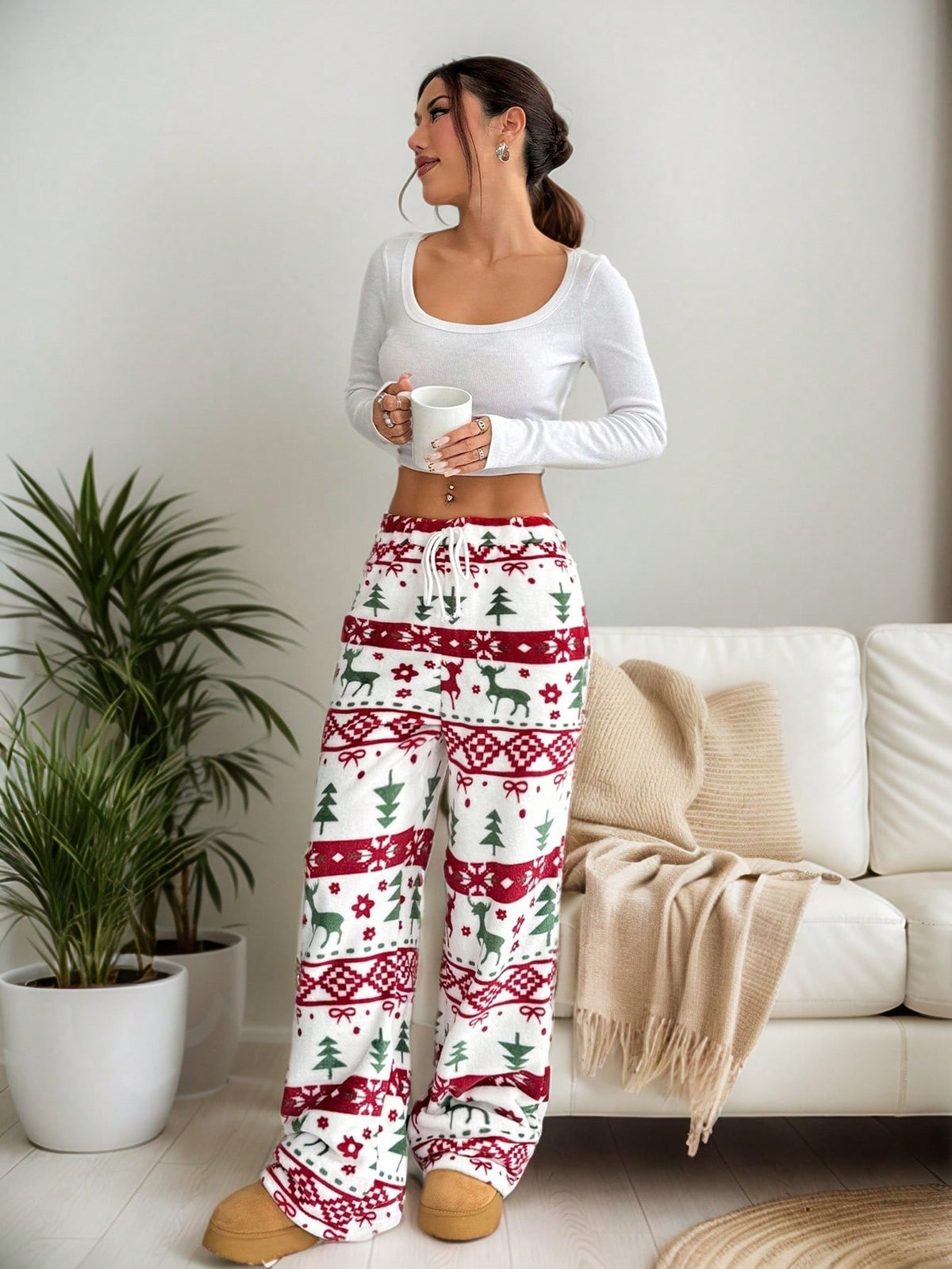 Women's Plush Pajama Pants with Star or Fair Isle Print, Wide Leg with Drawstring Waist, Red Fair Isle, view 3