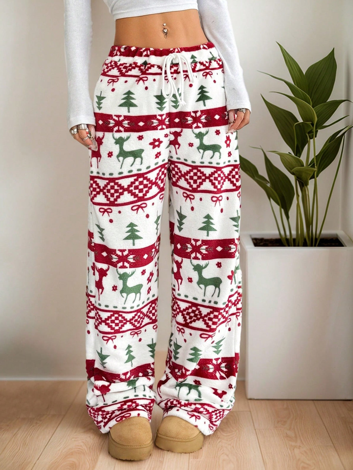 Women's Plush Pajama Pants with Star or Fair Isle Print, Wide Leg with Drawstring Waist, Red Fair Isle, view 4