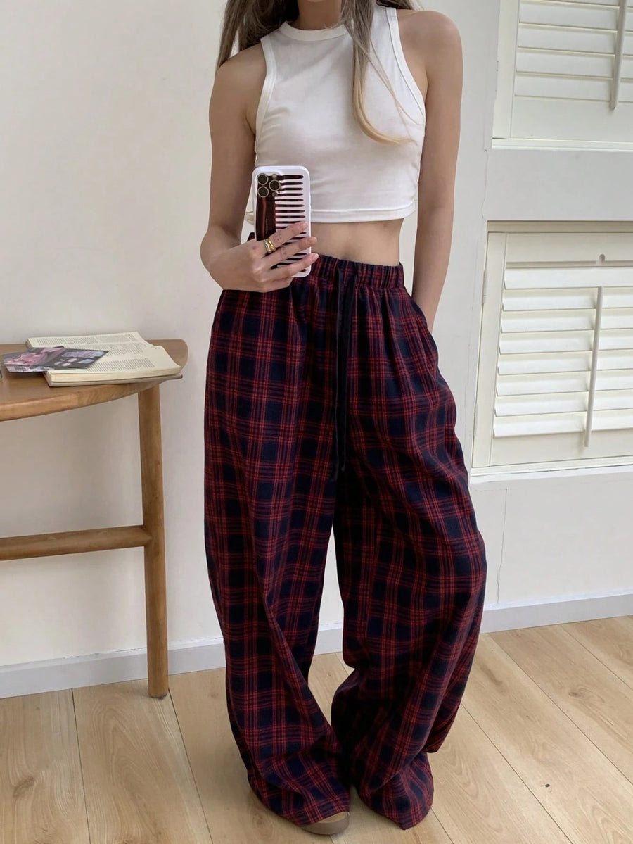 Women's Plaid Lounge Pants in Navy and Red, Wide Leg with Elastic Waist and Pockets, Navy Plaid