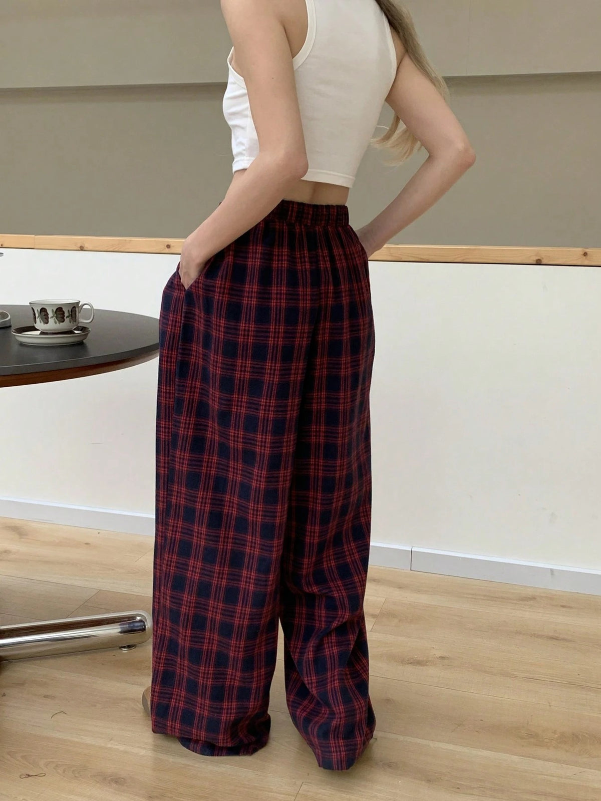 Women's Plaid Lounge Pants in Navy and Red, Wide Leg with Elastic Waist and Pockets, Navy Plaid, view 2