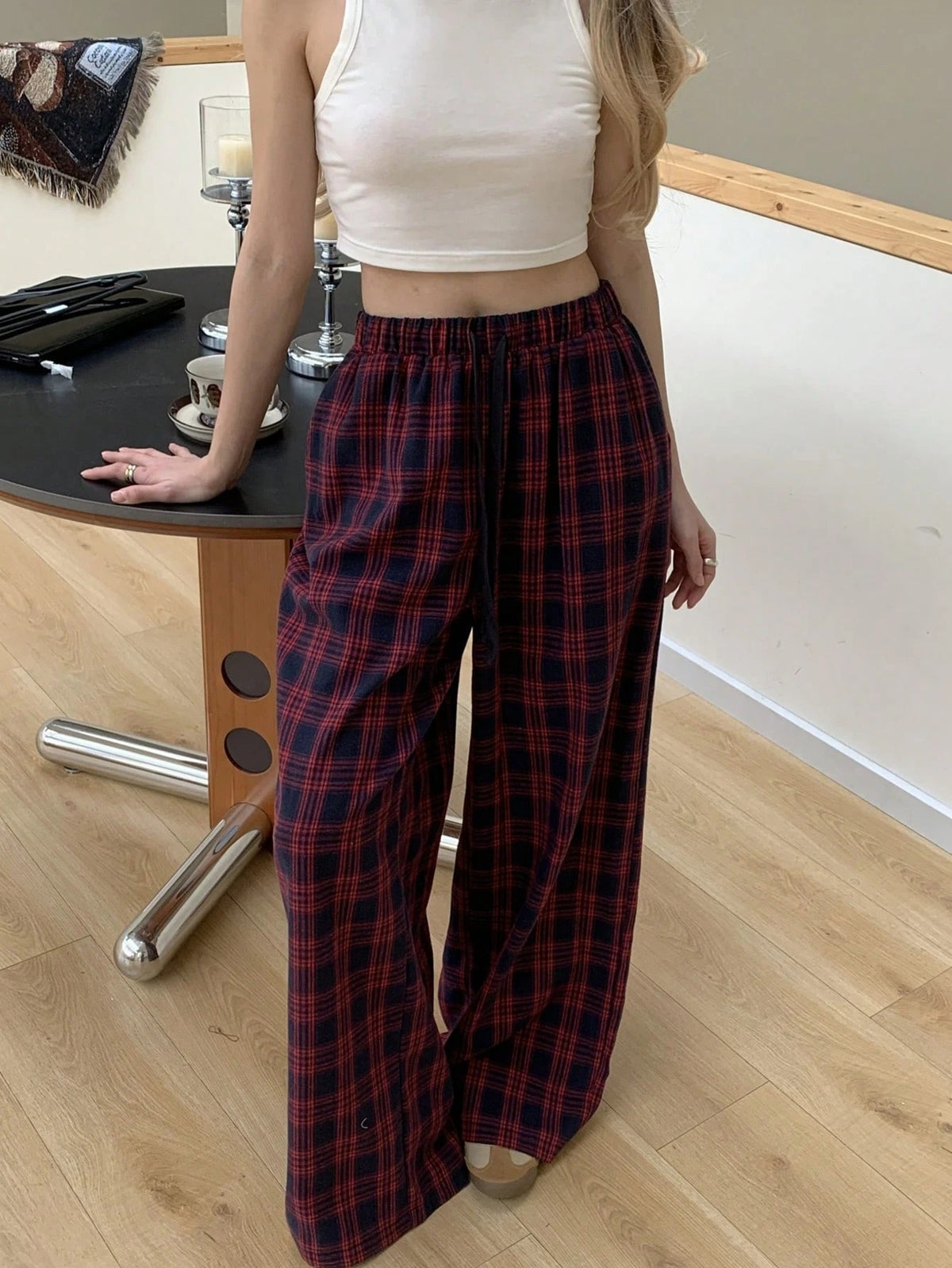 Women's Plaid Lounge Pants in Navy and Red, Wide Leg with Elastic Waist and Pockets, Navy Plaid, view 5
