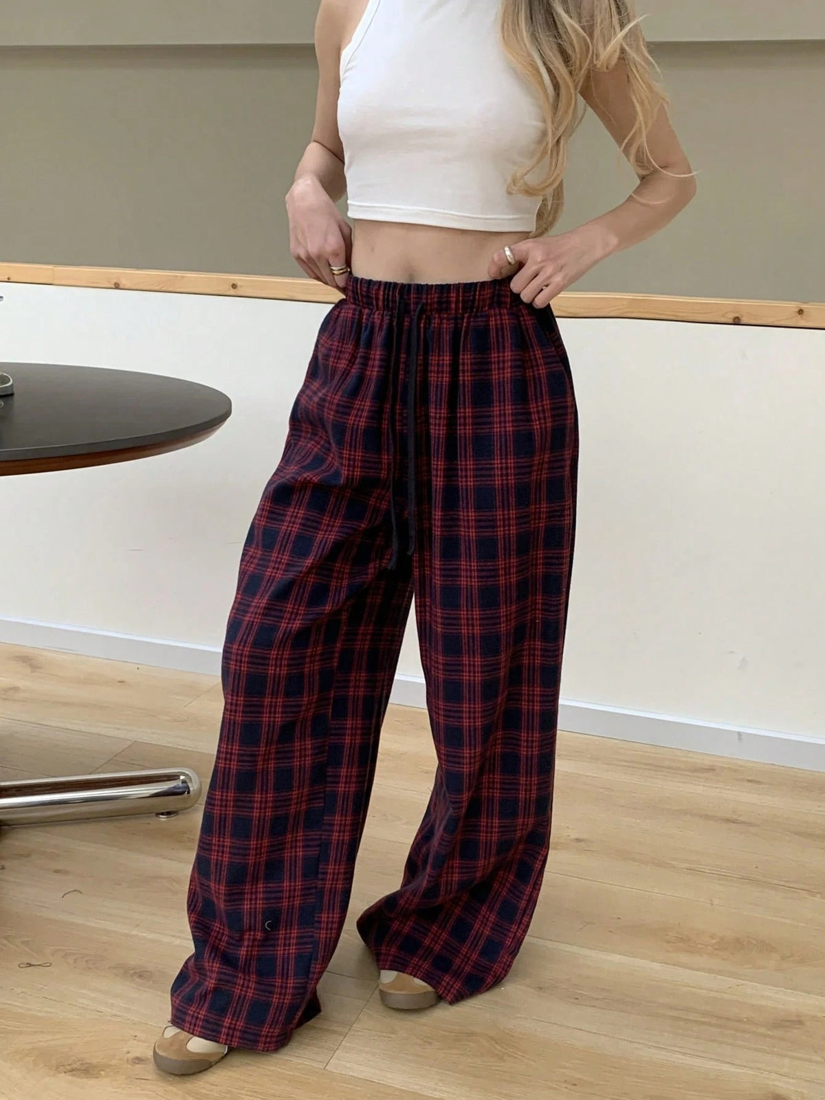 Women's Plaid Lounge Pants in Navy and Red, Wide Leg with Elastic Waist and Pockets, Navy Plaid, view 3
