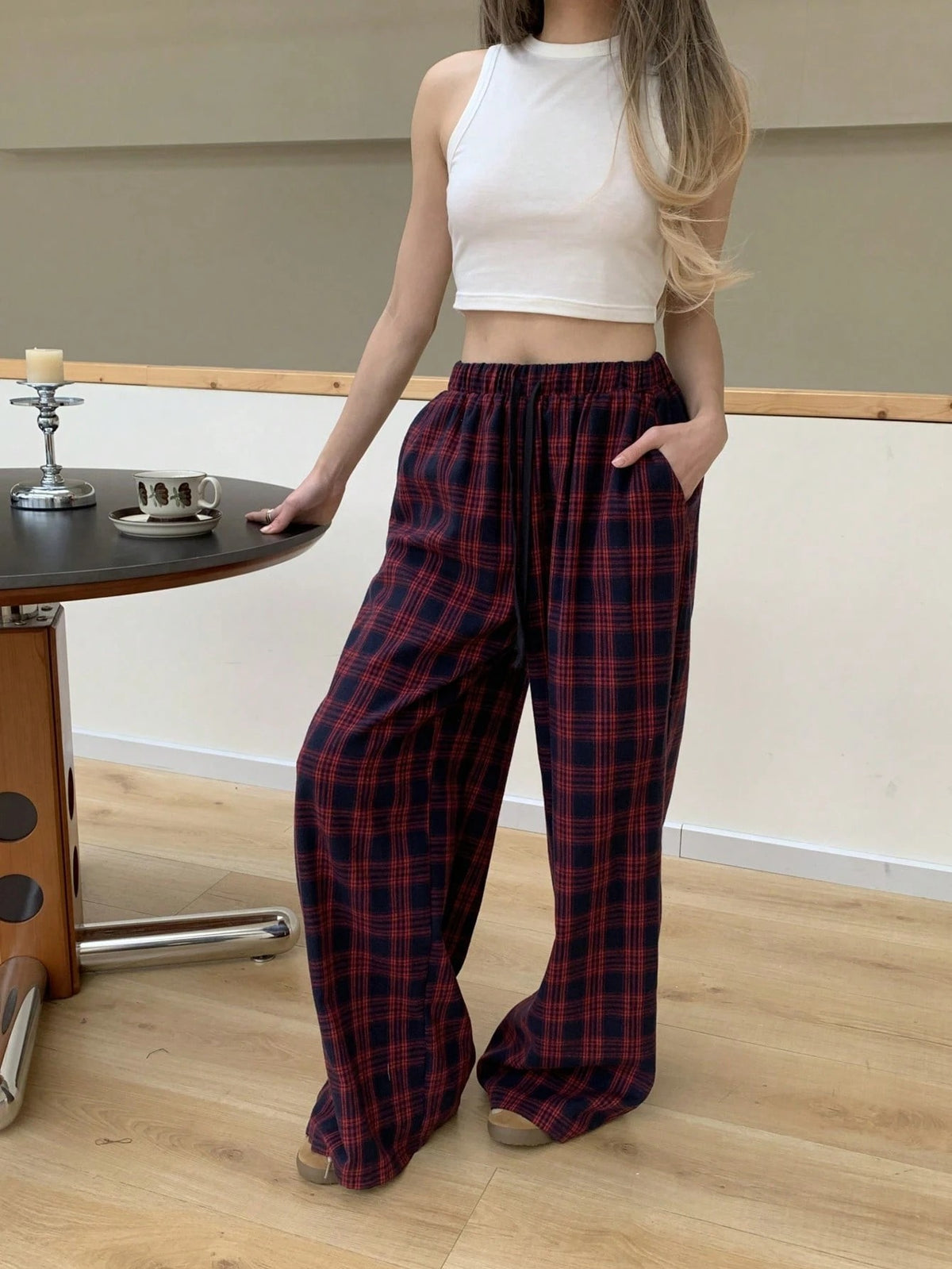 Women's Plaid Lounge Pants in Navy and Red, Wide Leg with Elastic Waist and Pockets, Navy Plaid, view 4