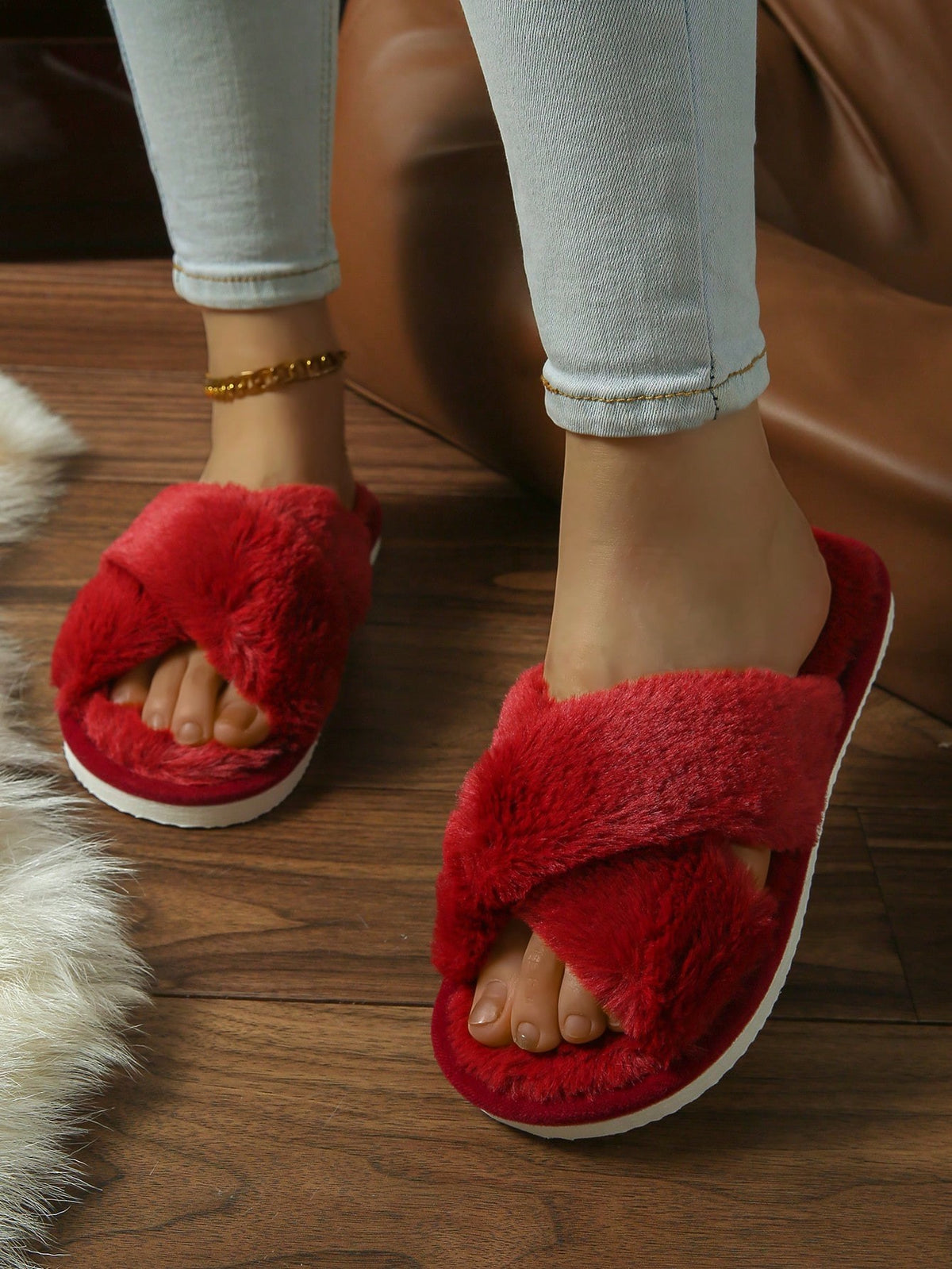 Women's Fuzzy Cross Band Slippers, Open Toe Plush House Slides with Quiet Sole, Red
