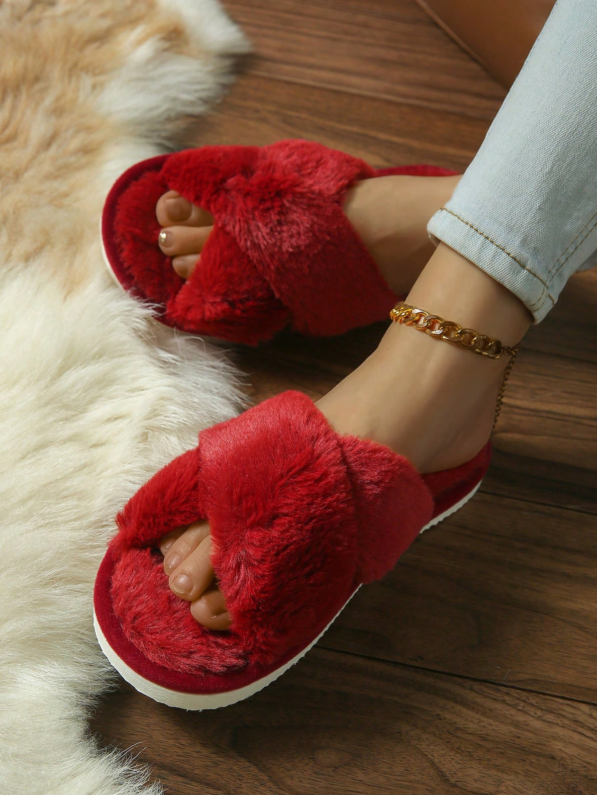 Women's Fuzzy Cross Band Slippers, Open Toe Plush House Slides with Quiet Sole, Red, view 4