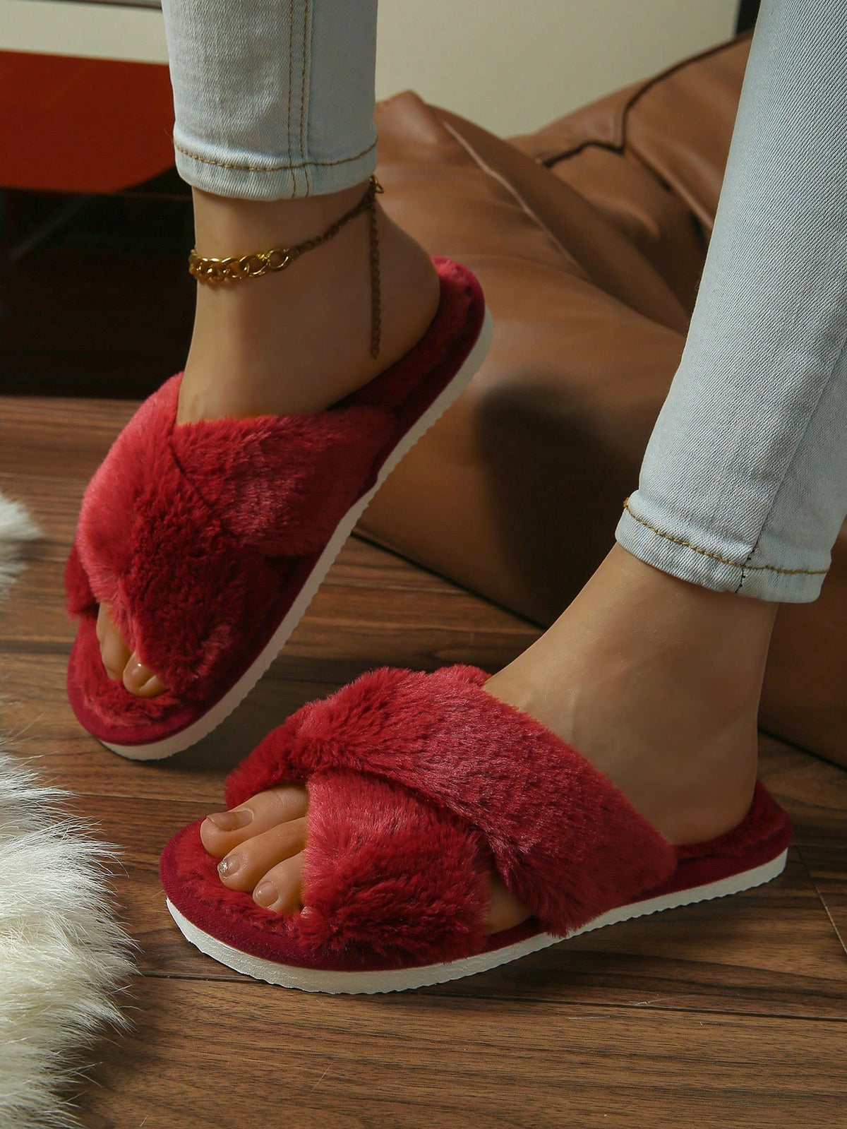 Women's Fuzzy Cross Band Slippers, Open Toe Plush House Slides with Quiet Sole, Red, view 3