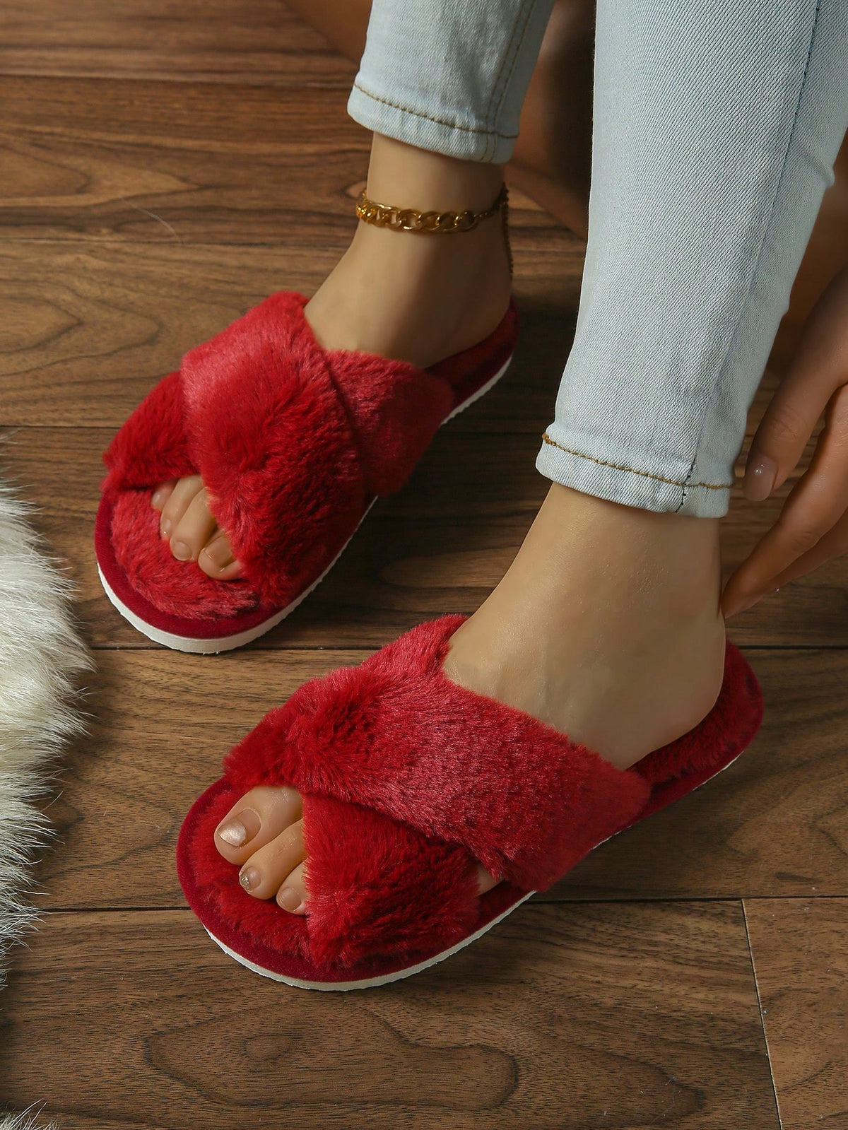 Women's Fuzzy Cross Band Slippers, Open Toe Plush House Slides with Quiet Sole, Red, view 5