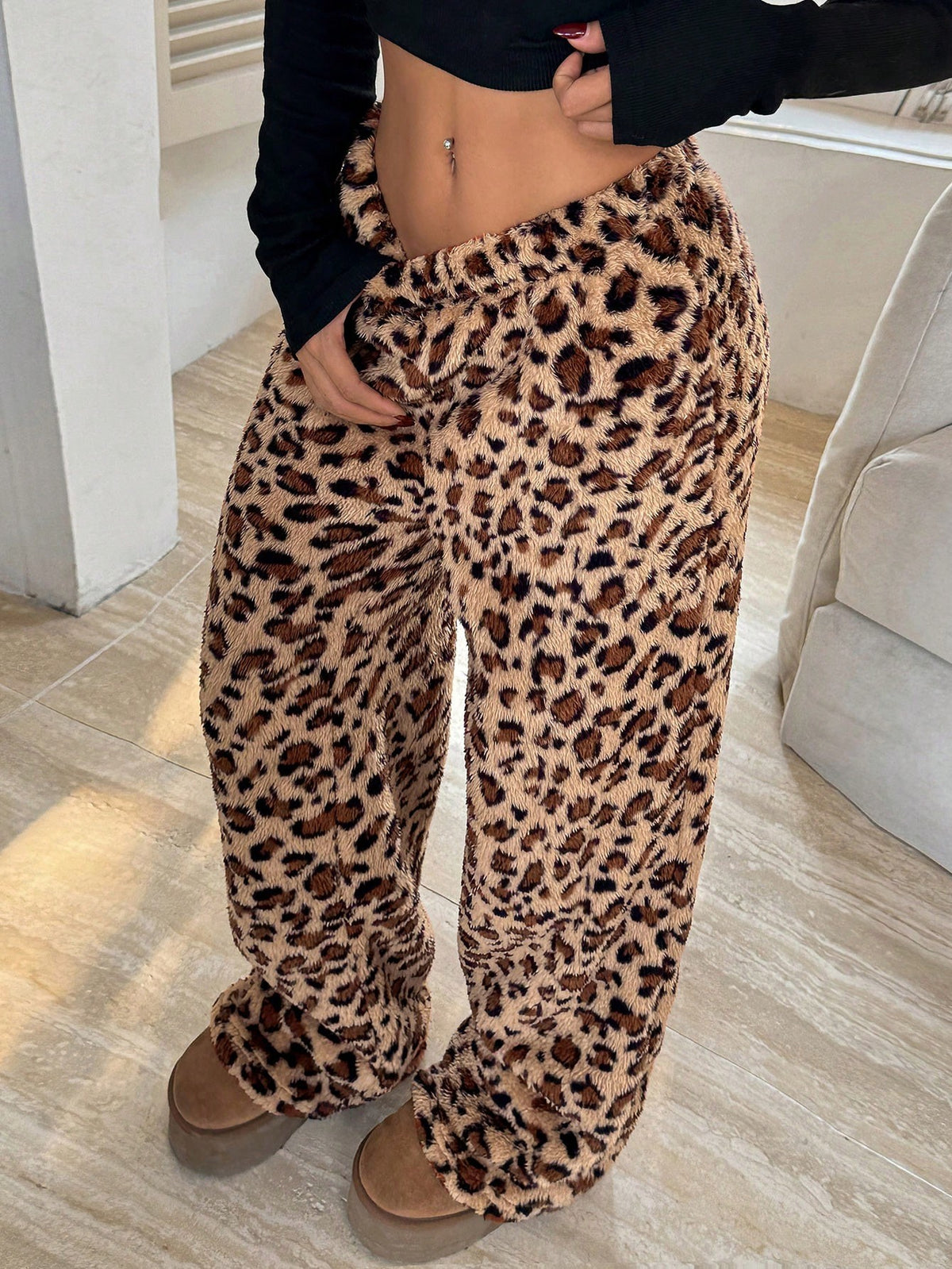Women's Fuzzy Plush Pajama Pants, Wide Leg Lounge Pants with Drawstring Waist, Leopard