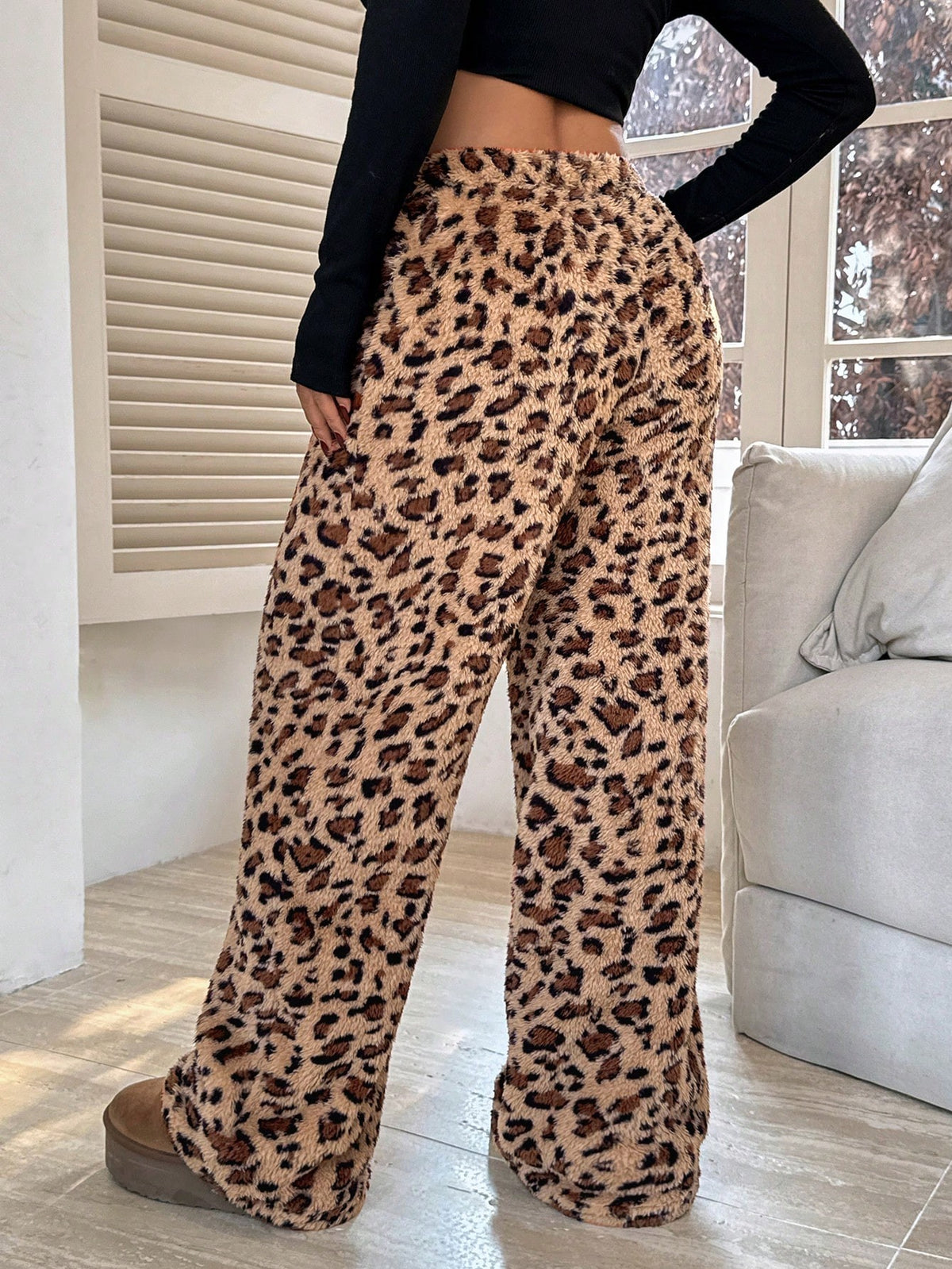 Women's Fuzzy Plush Pajama Pants, Wide Leg Lounge Pants with Drawstring Waist, Leopard, view 2