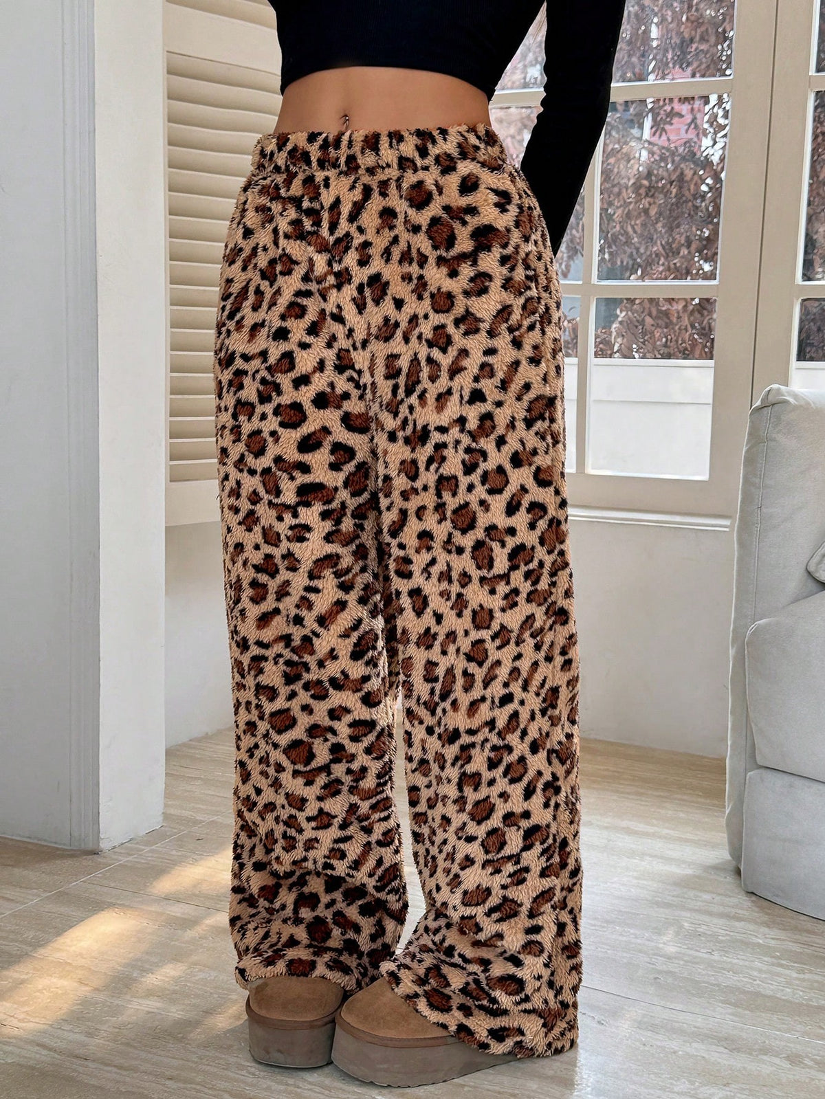Women's Fuzzy Plush Pajama Pants, Wide Leg Lounge Pants with Drawstring Waist, Leopard, view 5
