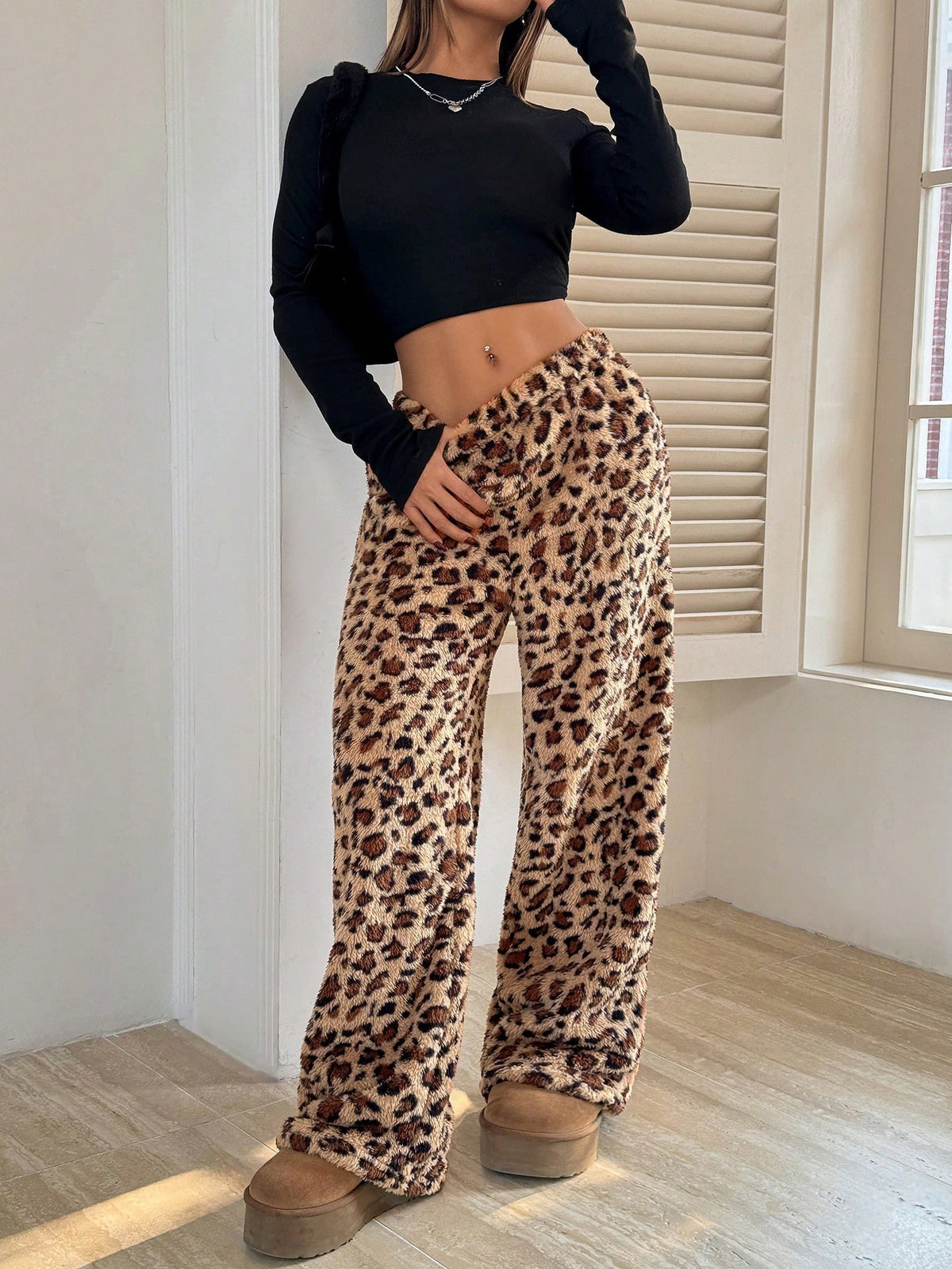 Women's Fuzzy Plush Pajama Pants, Wide Leg Lounge Pants with Drawstring Waist, Leopard, view 6