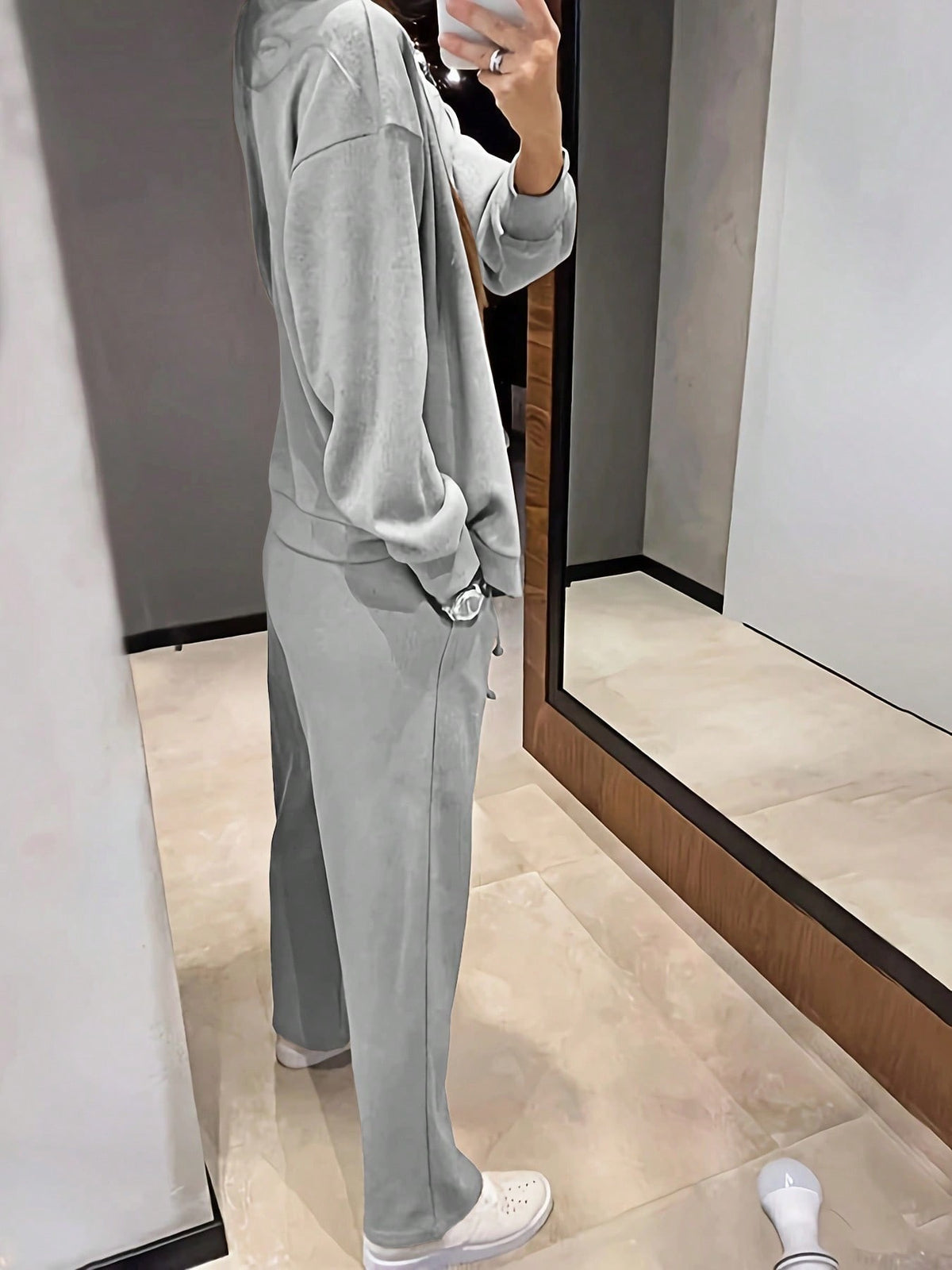 Women's Knit Lounge Set, Button Cardigan and Drawstring Pants, Two-Piece Matching Set, Gray, view 3