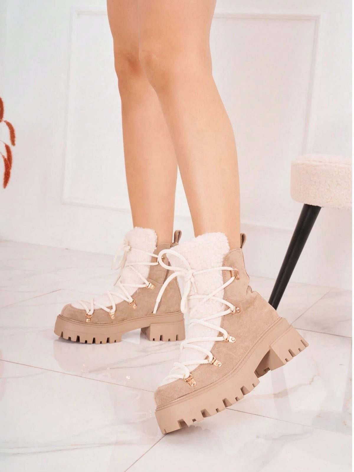 Women's Lace-Up Platform Boots with Plush Lining and Side Zip, Winter Ankle Boots, Beige, view 2