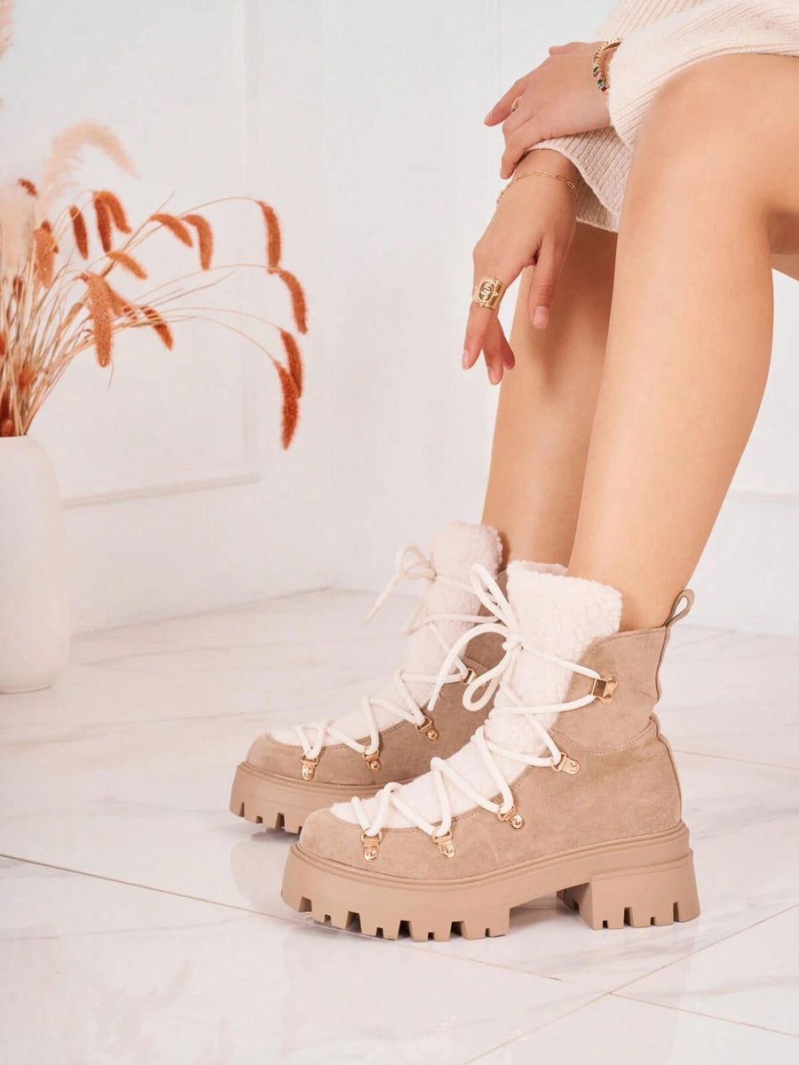 Women's Lace-Up Platform Boots with Plush Lining and Side Zip, Winter Ankle Boots, Beige
