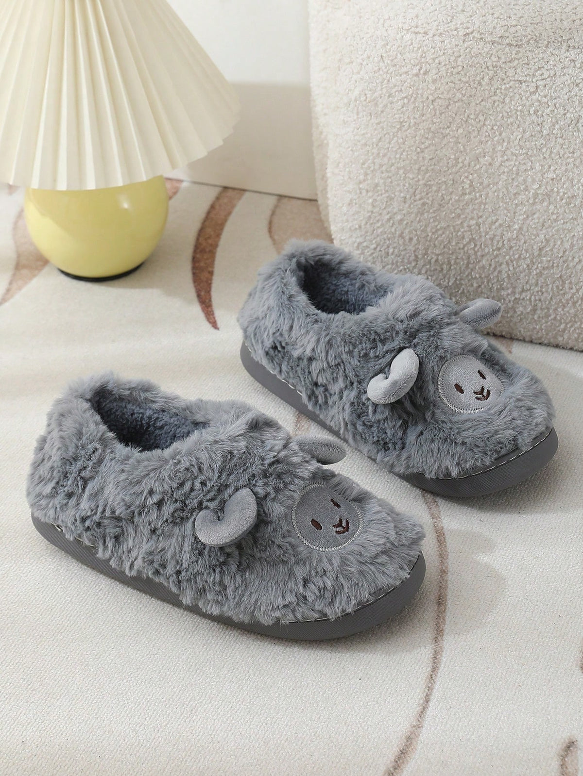 Women's Lamb Slippers, Fuzzy Closed-Toe House Slippers with Embroidered Face and Fleece Lining, Gray, view 3