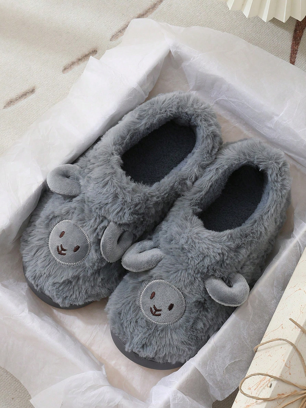 Women's Lamb Slippers, Fuzzy Closed-Toe House Slippers with Embroidered Face and Fleece Lining, Gray, view 2