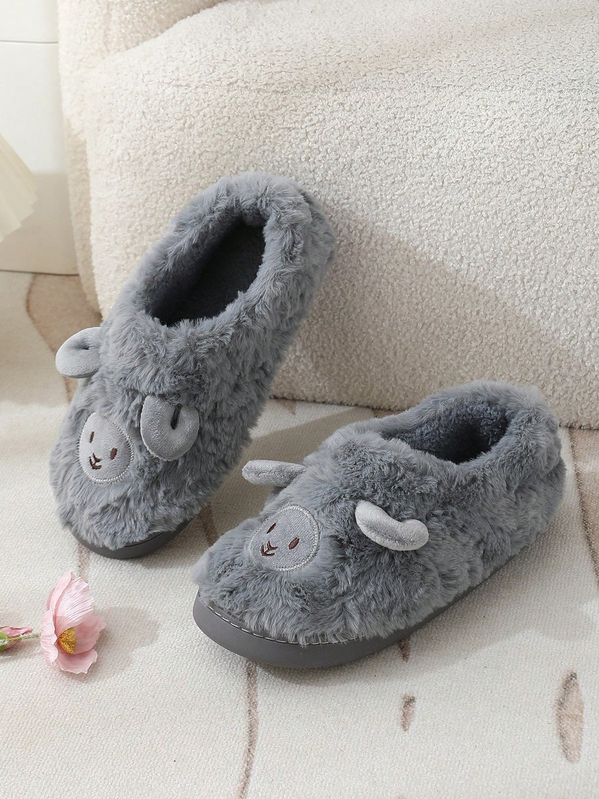 Women's Lamb Slippers, Fuzzy Closed-Toe House Slippers with Embroidered Face and Fleece Lining, Gray, view 4