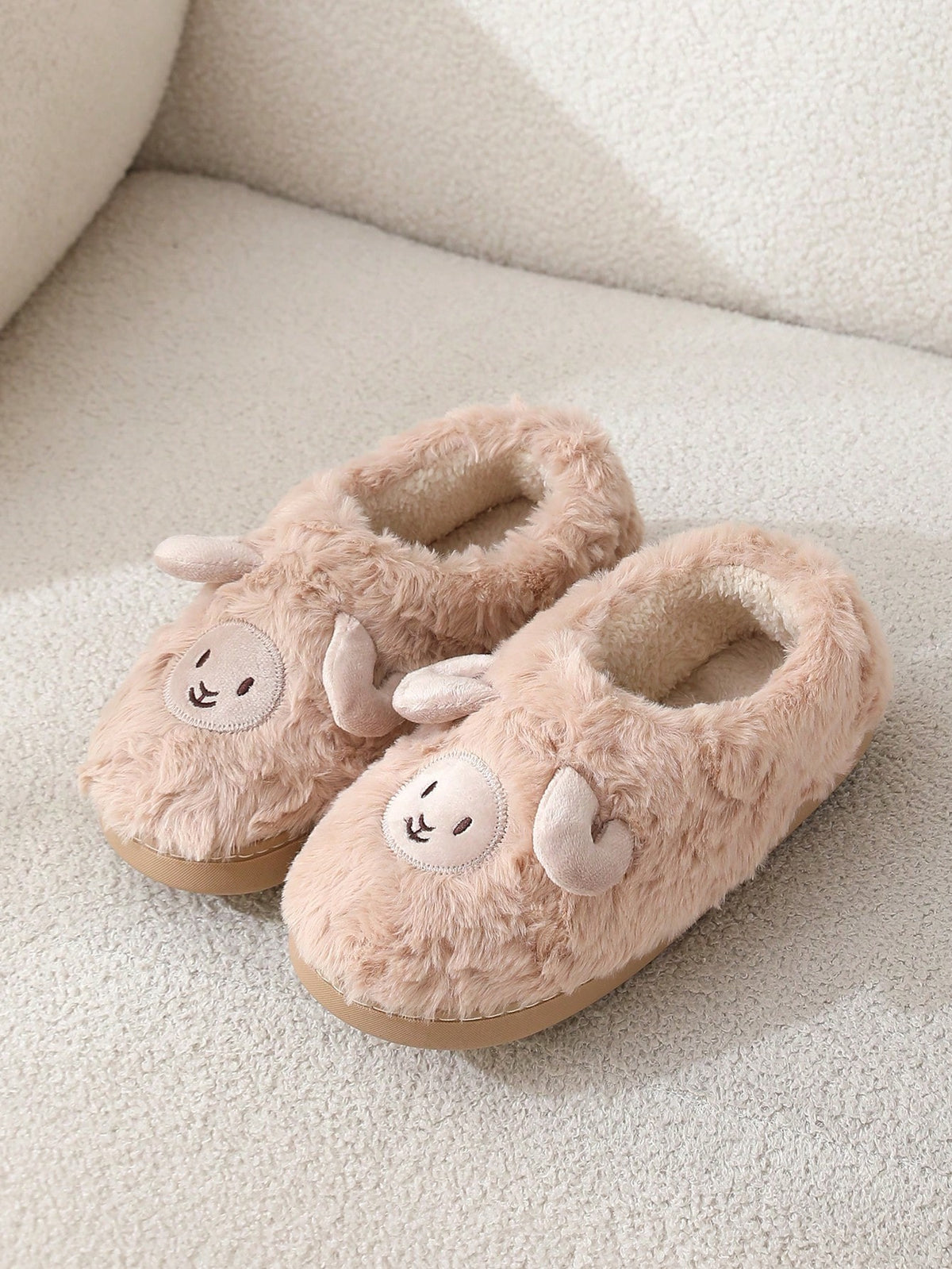Women's Lamb Slippers, Fuzzy Closed-Toe House Slippers with Embroidered Face and Fleece Lining, Tan, view 4