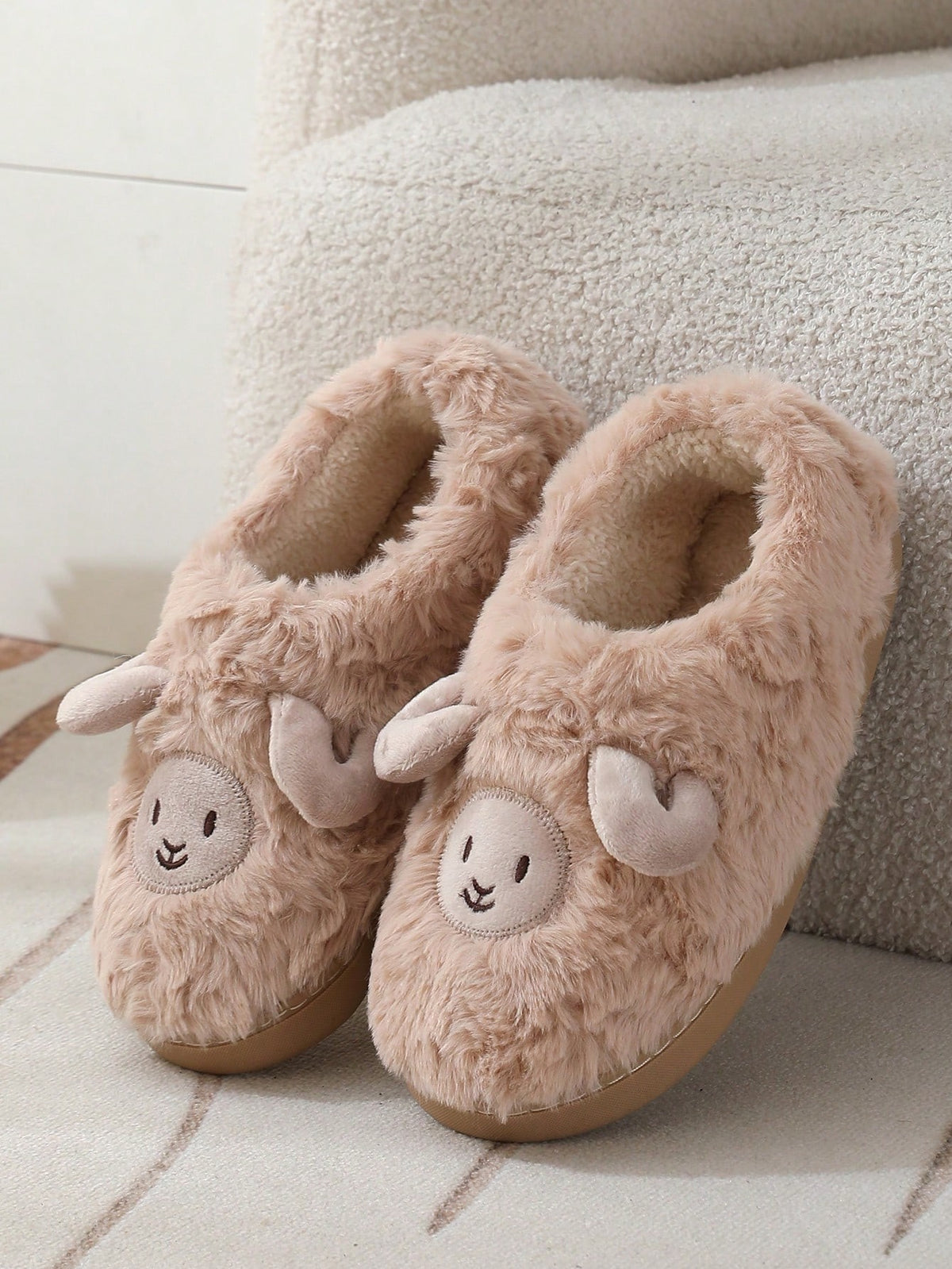 Women's Lamb Slippers, Fuzzy Closed-Toe House Slippers with Embroidered Face and Fleece Lining, Tan, view 2