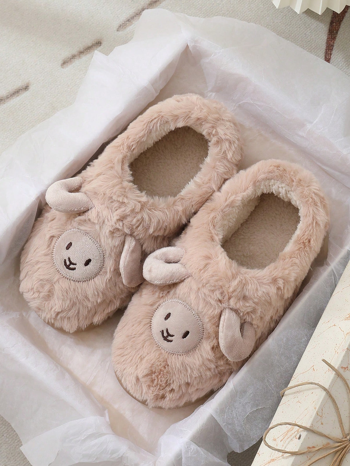 Women's Lamb Slippers, Fuzzy Closed-Toe House Slippers with Embroidered Face and Fleece Lining, Tan