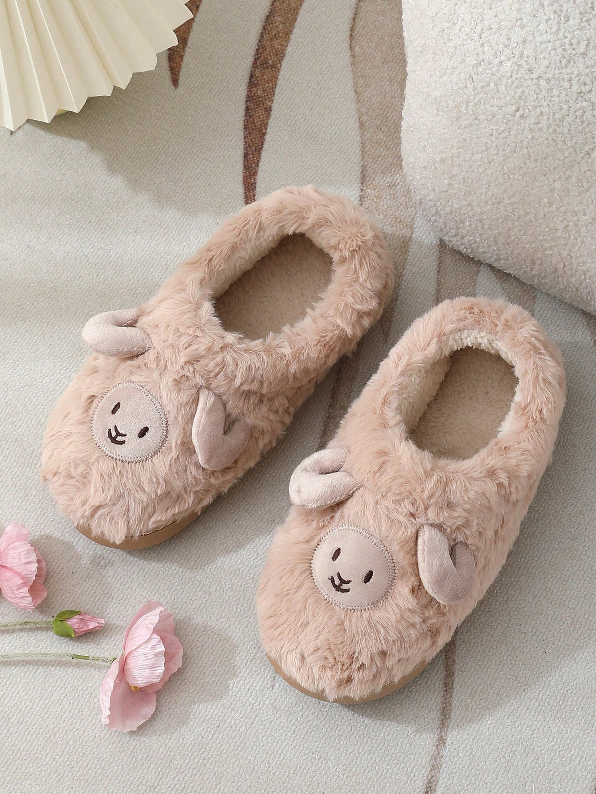 Women's Lamb Slippers, Fuzzy Closed-Toe House Slippers with Embroidered Face and Fleece Lining, Tan, view 3
