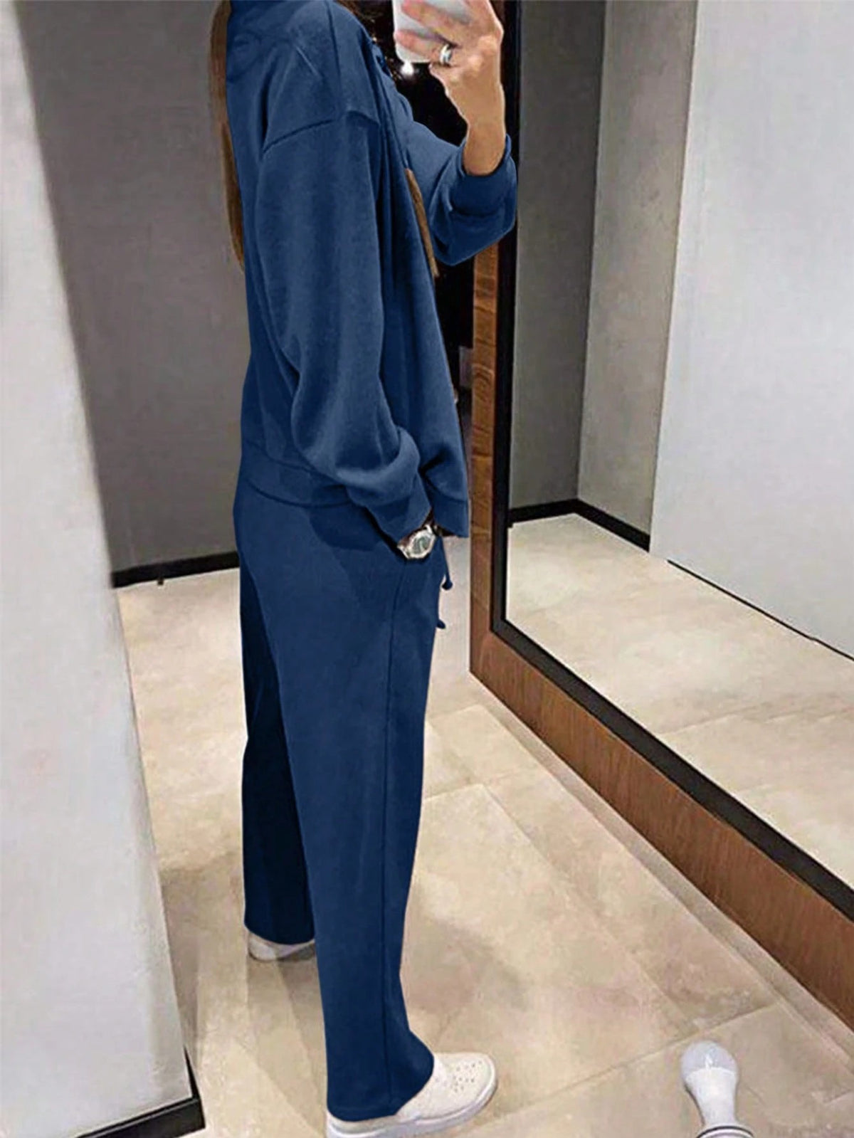 Women's Knit Lounge Set, Button Cardigan and Drawstring Pants, Two-Piece Matching Set, Navy, view 2