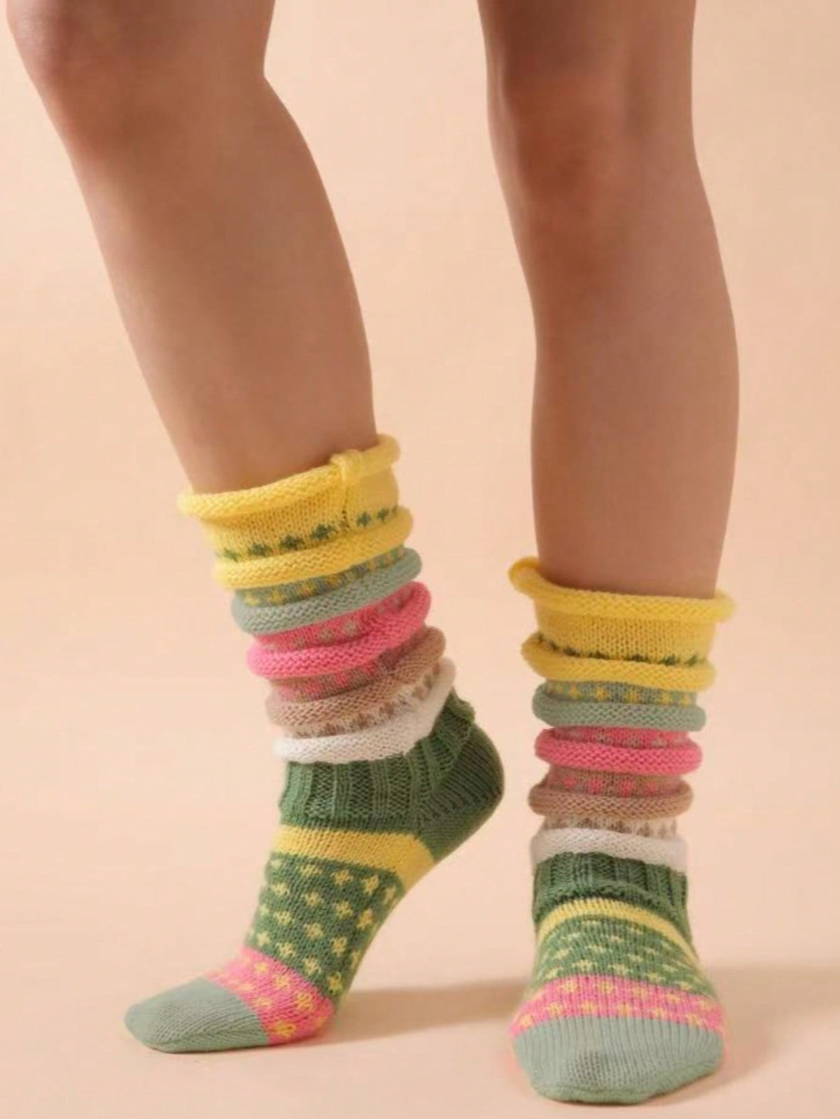 Women's Chunky Knit Slouch Socks, 2 Pairs with Colorful Stripes, Warm House Socks, Green, view 3