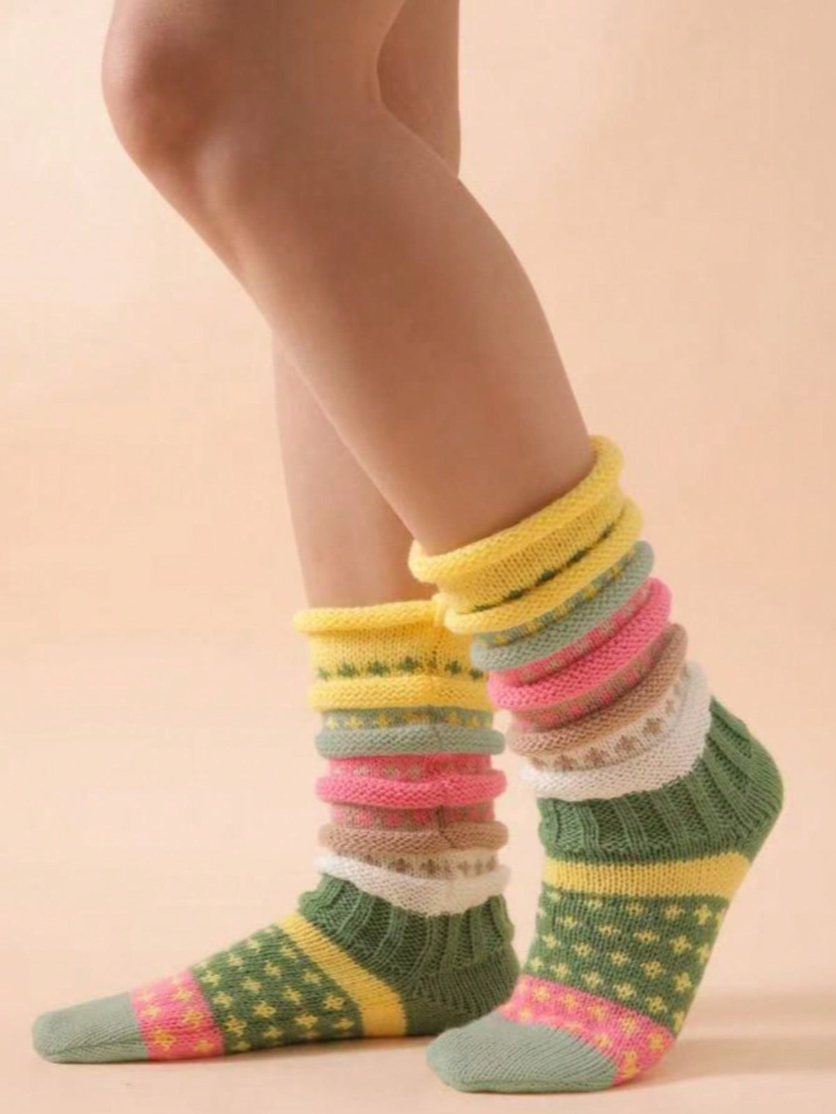 Women's Chunky Knit Slouch Socks, 2 Pairs with Colorful Stripes, Warm House Socks, Green, view 4
