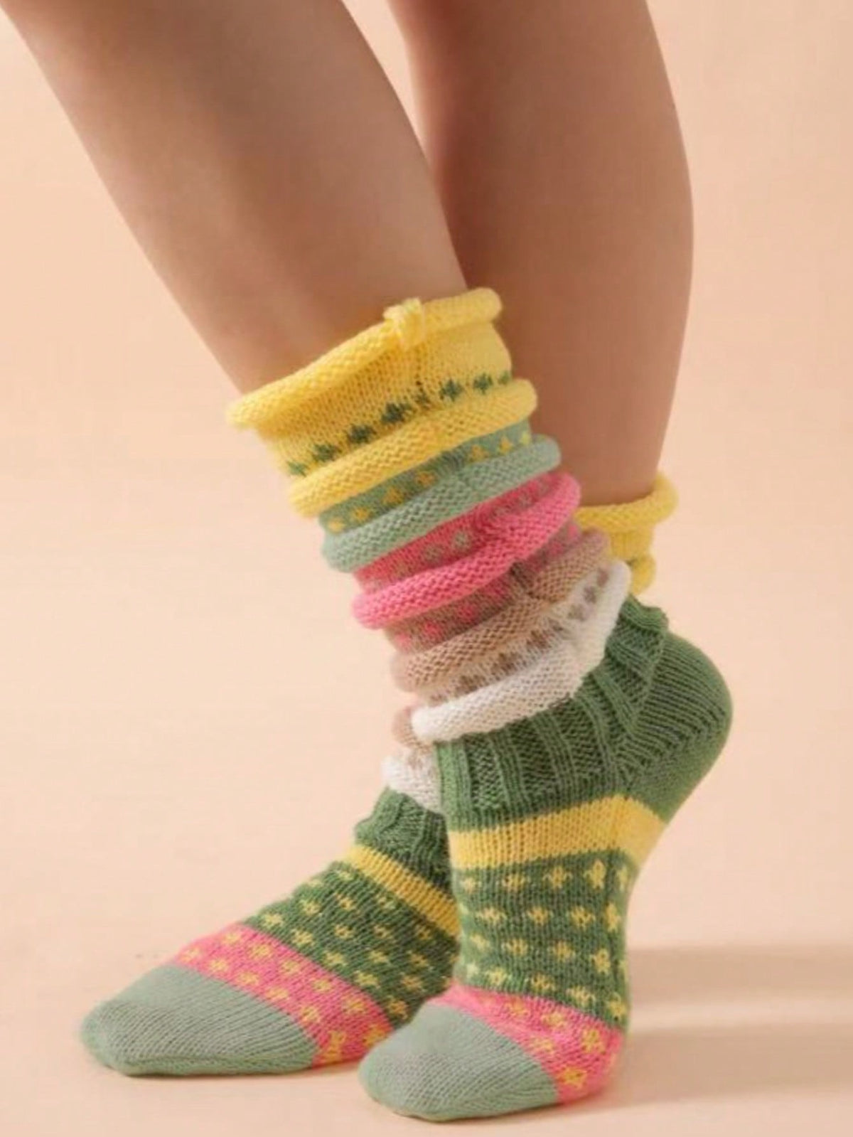 Women's Chunky Knit Slouch Socks, 2 Pairs with Colorful Stripes, Warm House Socks, Green, view 5