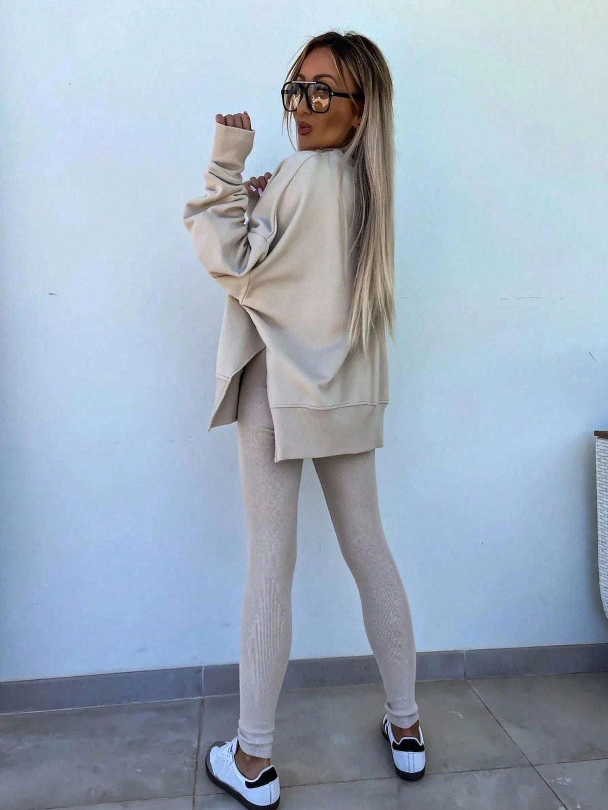 Women's Lounge Set, Oversized Crew Neck Top with Side Slits and Matching Leggings, Oatmeal