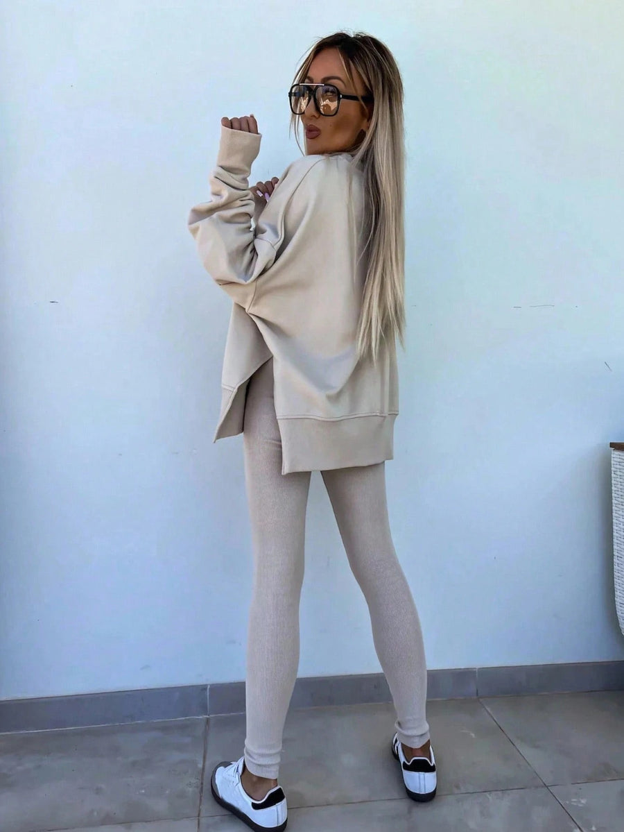 Women's Lounge Set, Oversized Crew Neck Top with Side Slits and Matching Leggings, Oatmeal