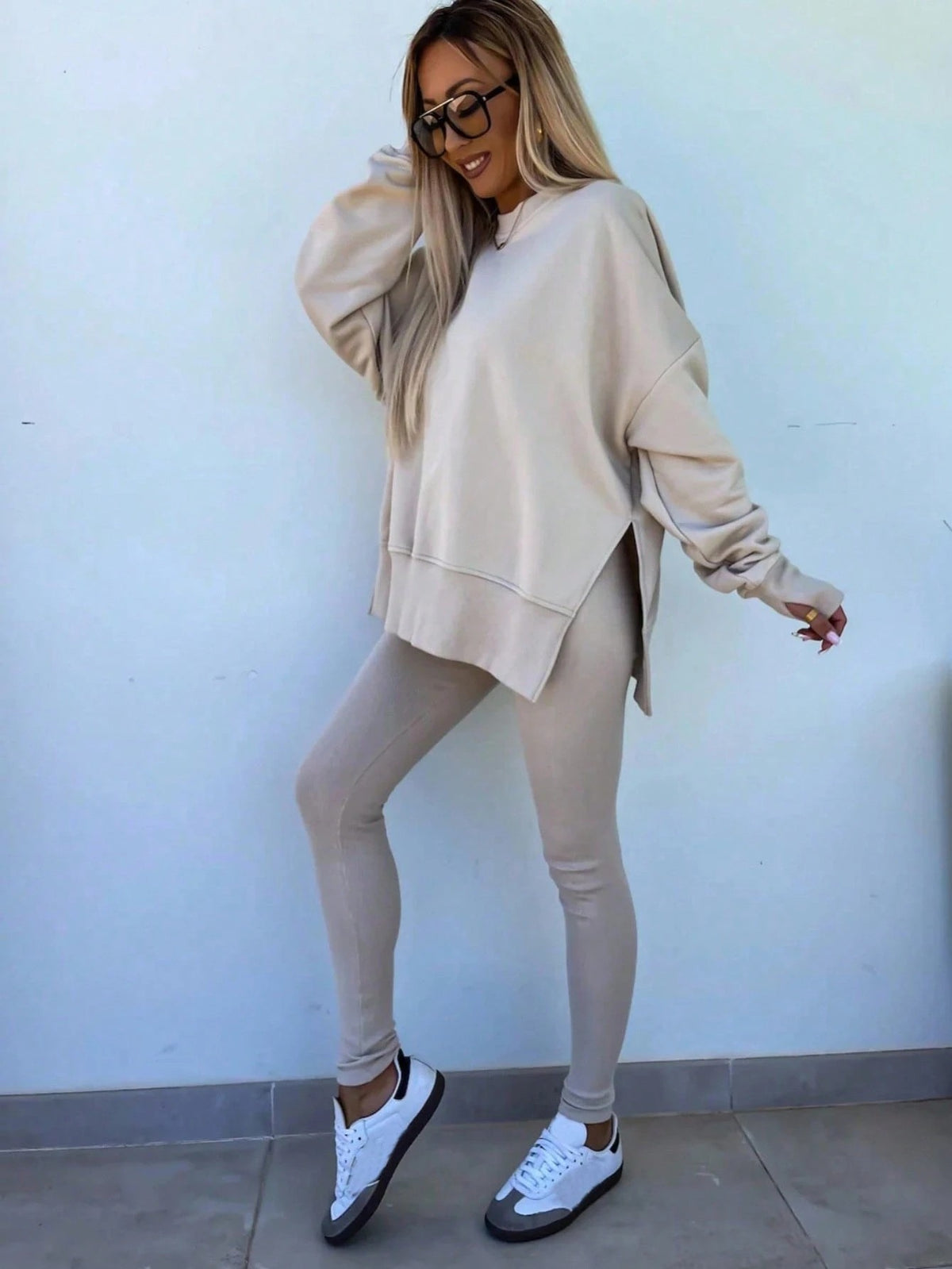Women's Lounge Set, Oversized Crew Neck Top with Side Slits and Matching Leggings, Oatmeal, view 5