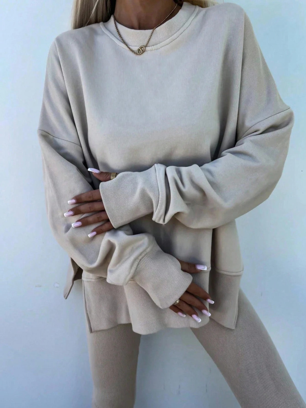Women's Lounge Set, Oversized Crew Neck Top with Side Slits and Matching Leggings, Oatmeal, view 6
