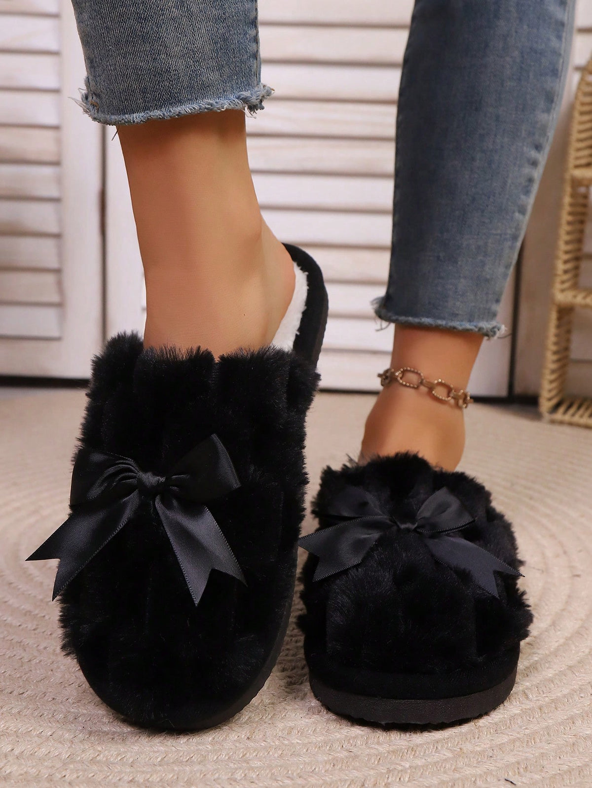 Women's Fuzzy Bow Slippers, Closed-Toe Plush Mules with Satin Bow, Black, view 5