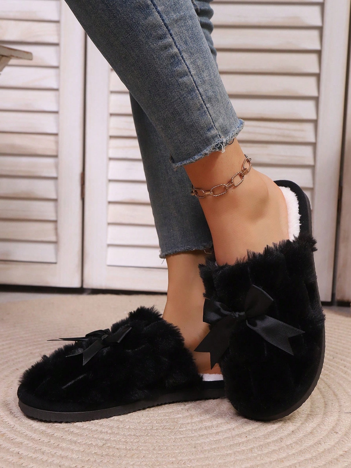 Women's Fuzzy Bow Slippers, Closed-Toe Plush Mules with Satin Bow, Black, view 6