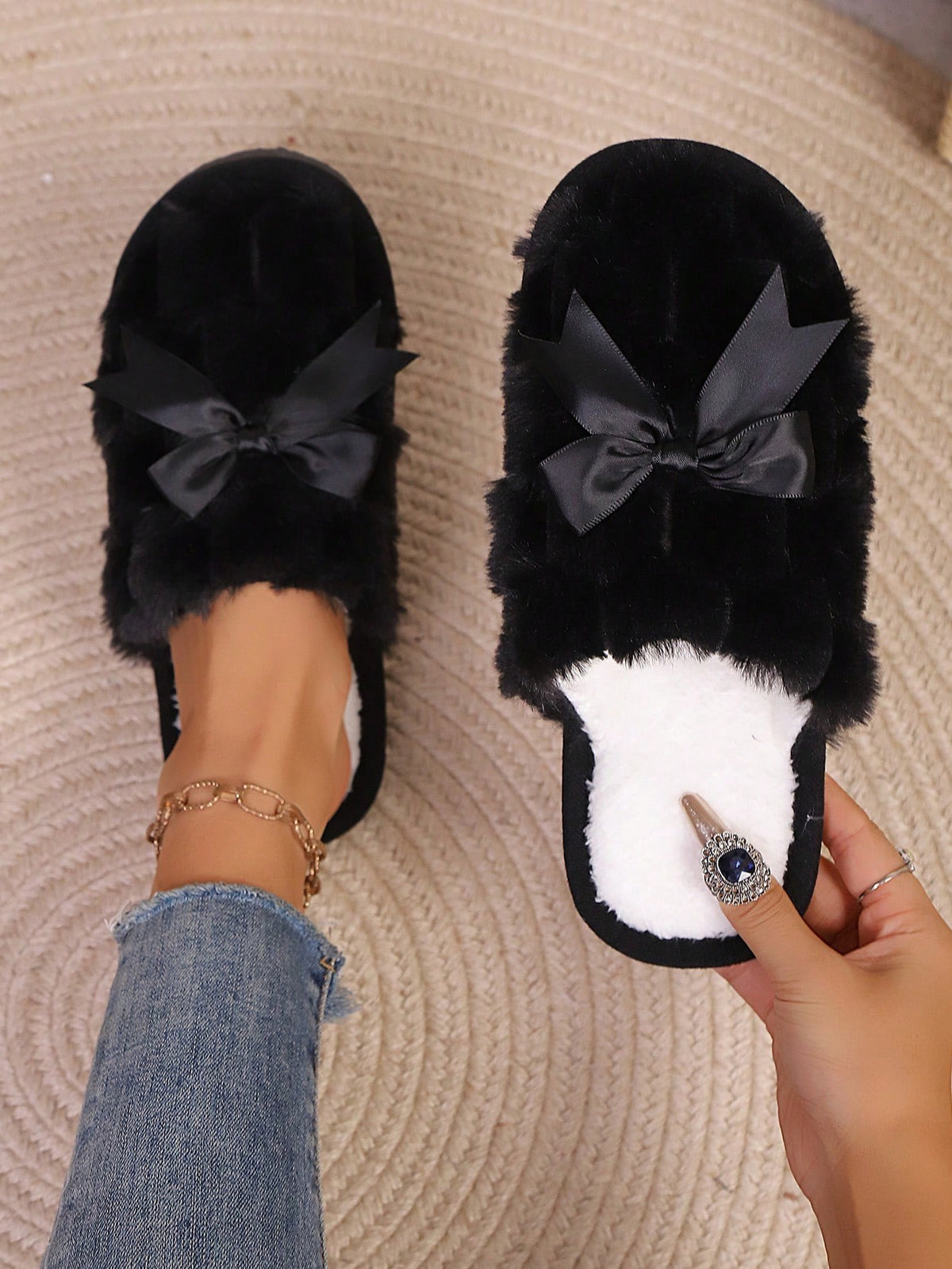 Women's Fuzzy Bow Slippers, Closed-Toe Plush Mules with Satin Bow, Black, view 3