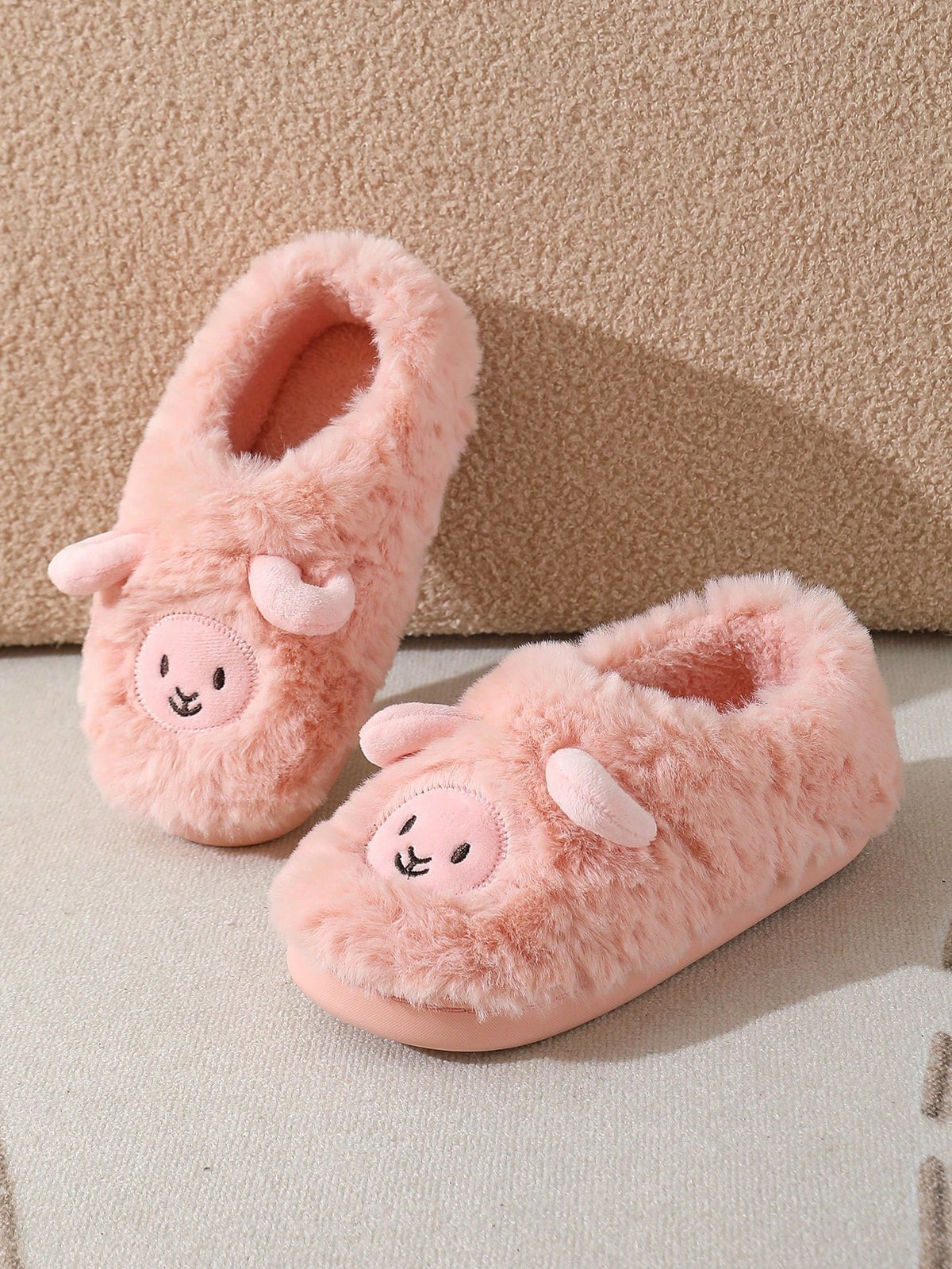 Women's Lamb Slippers, Fuzzy Closed-Toe House Slippers with Embroidered Face and Fleece Lining, Pink, view 2