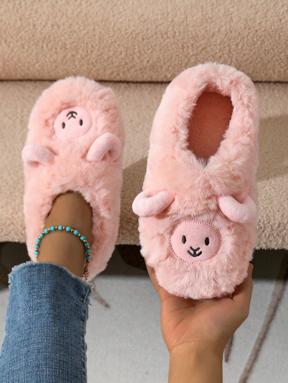 Women's Lamb Slippers, Fuzzy Closed-Toe House Slippers with Embroidered Face and Fleece Lining, Pink, view 4