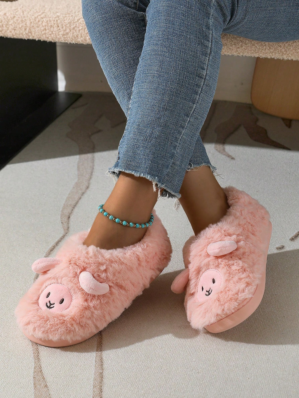 Women's Lamb Slippers, Fuzzy Closed-Toe House Slippers with Embroidered Face and Fleece Lining, Pink, view 3